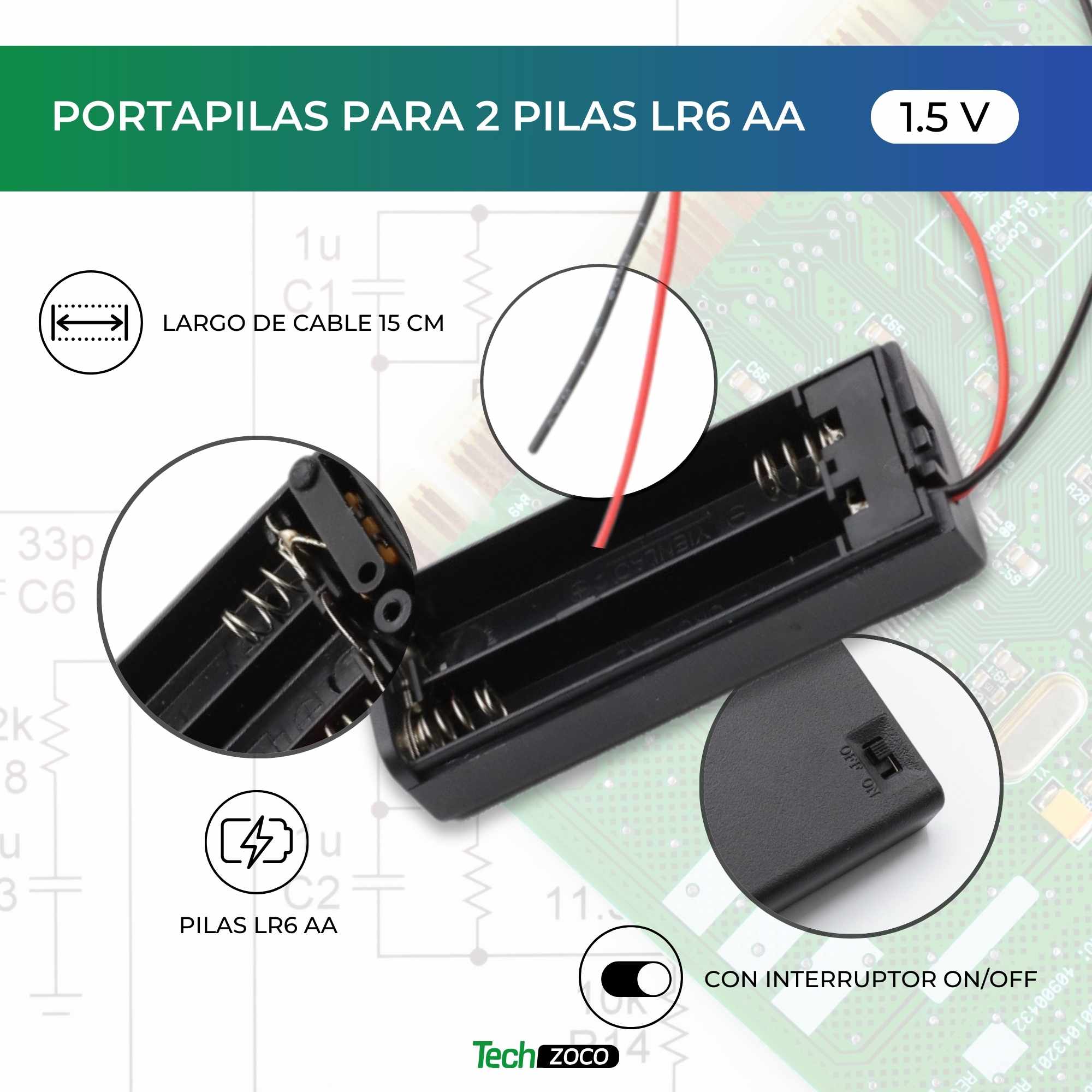 Portapilas para 2 pilas LR6 AA con interruptor Negro - imagen 2