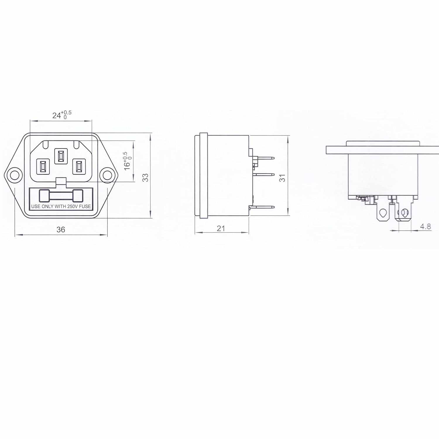 Conector alimentacion C14 AC con fusible macho Negro 6.3 A - imagen 4