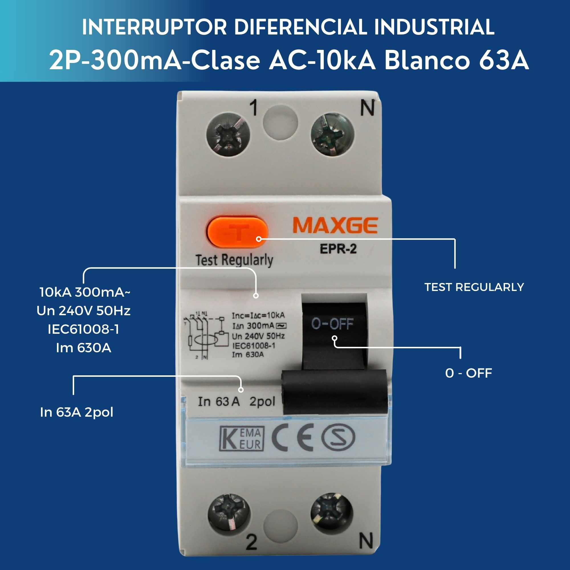 Interruptor diferencial industrial 2P-300mA-Clase AC-6kA Blanco 63 A - imagen 4