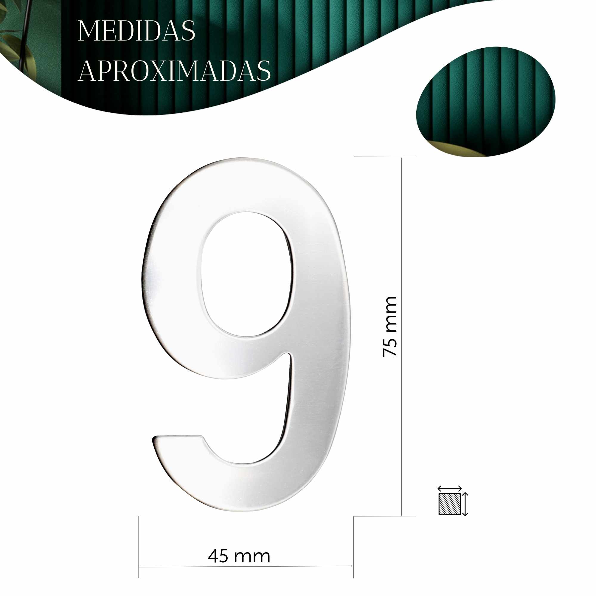 Numero 9 adhesivo en acero inoxidable 7.5 cm Plateado - imagen 4