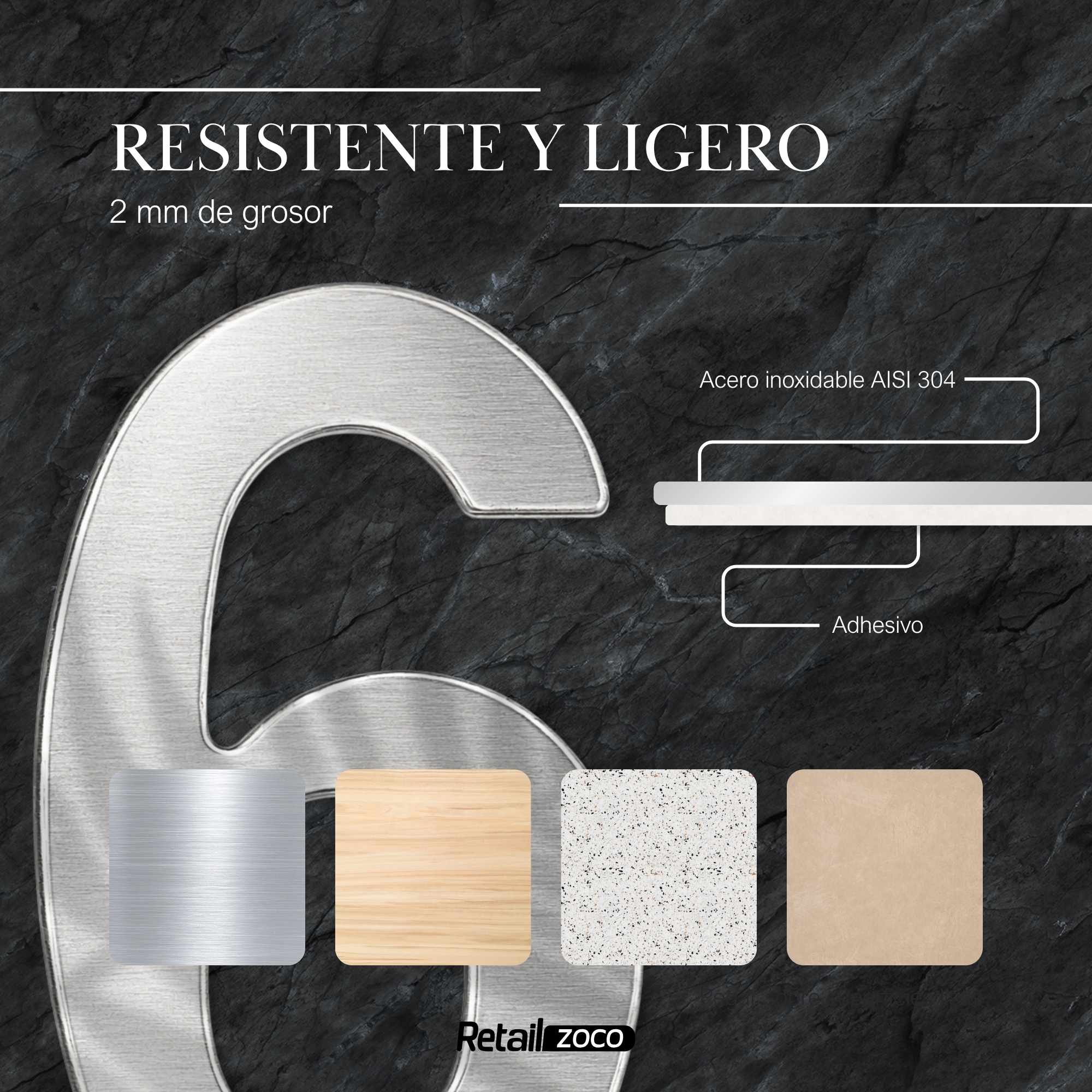 Numero 6 adhesivo en acero inoxidable 7.5 cm - imagen 2