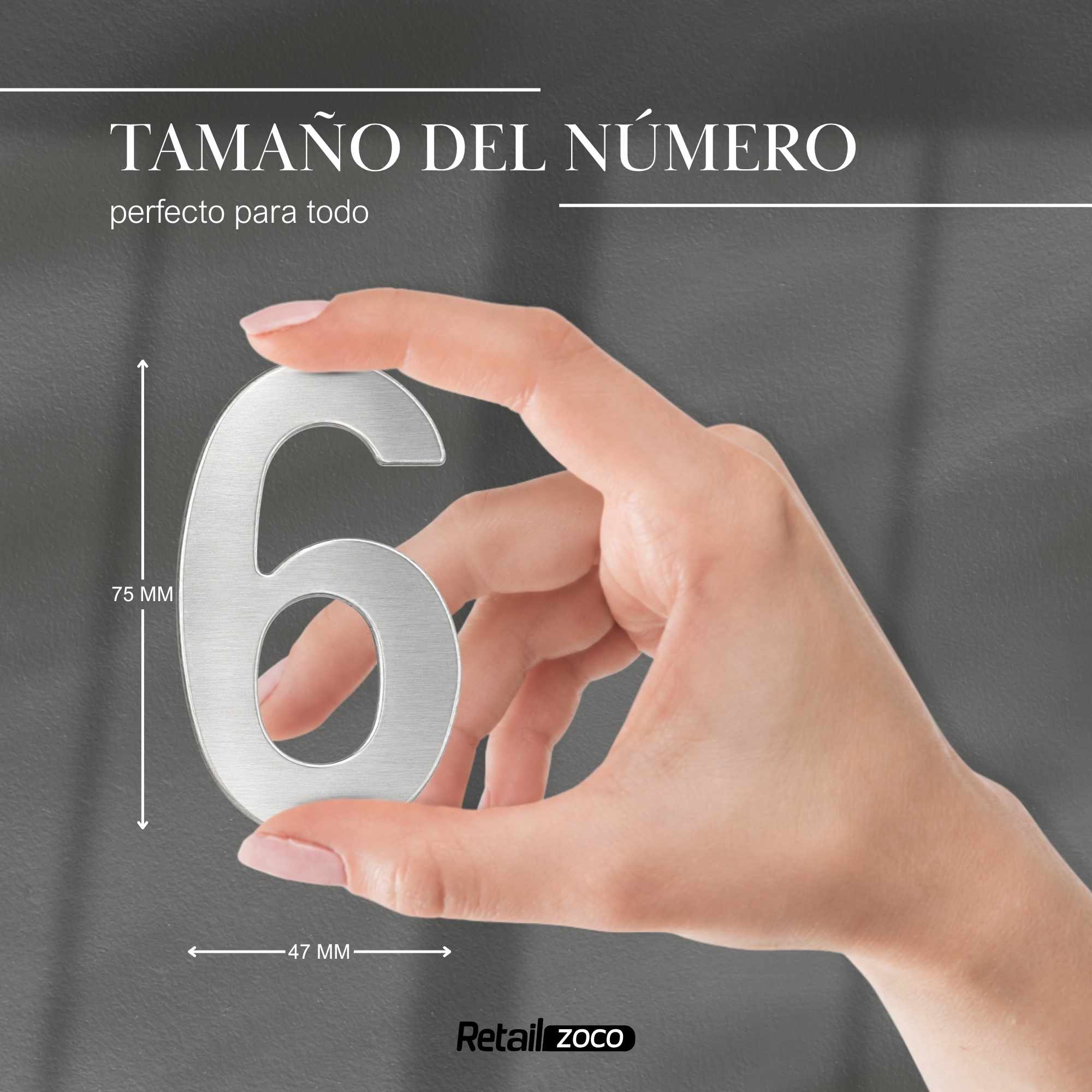 Numero 6 adhesivo en acero inoxidable 7.5 cm - imagen 3