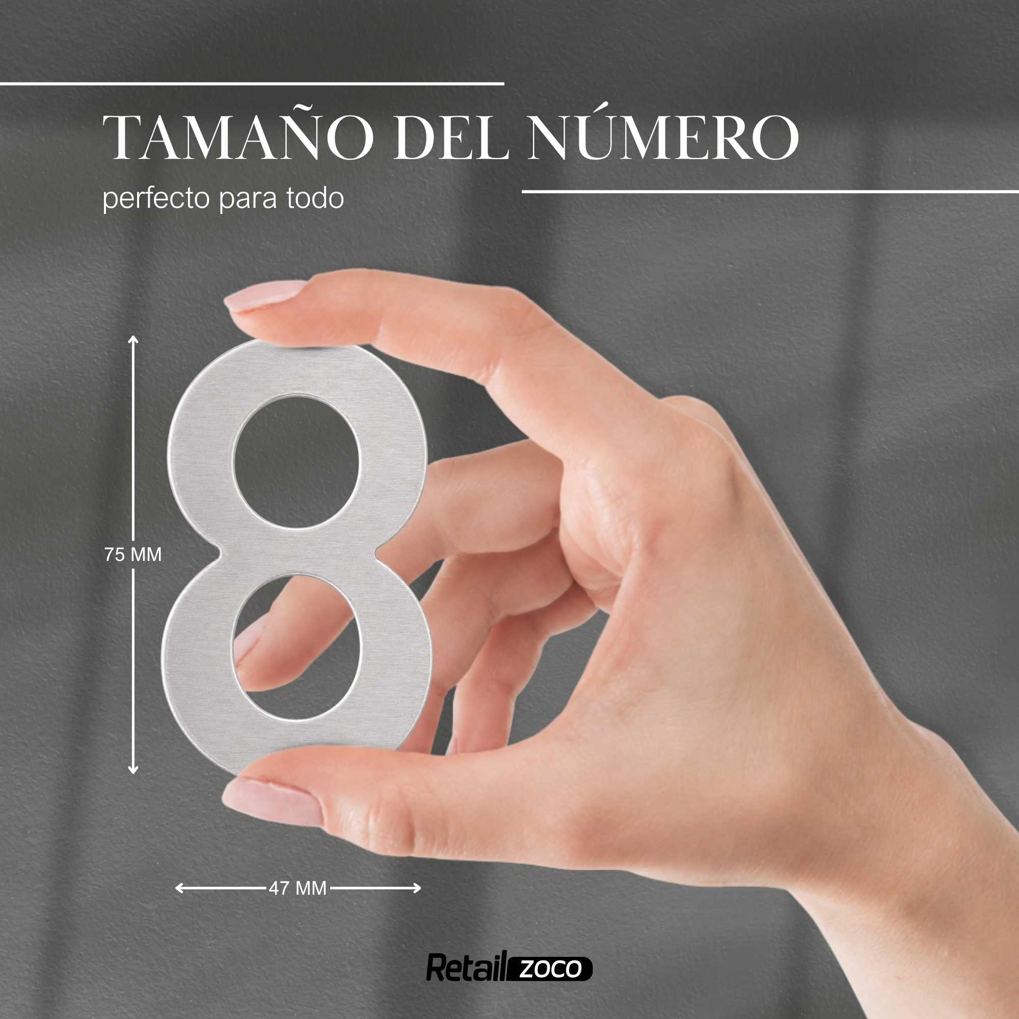 Numero 8 adhesivo en acero inoxidable 7.5 cm plateado - imagen 3