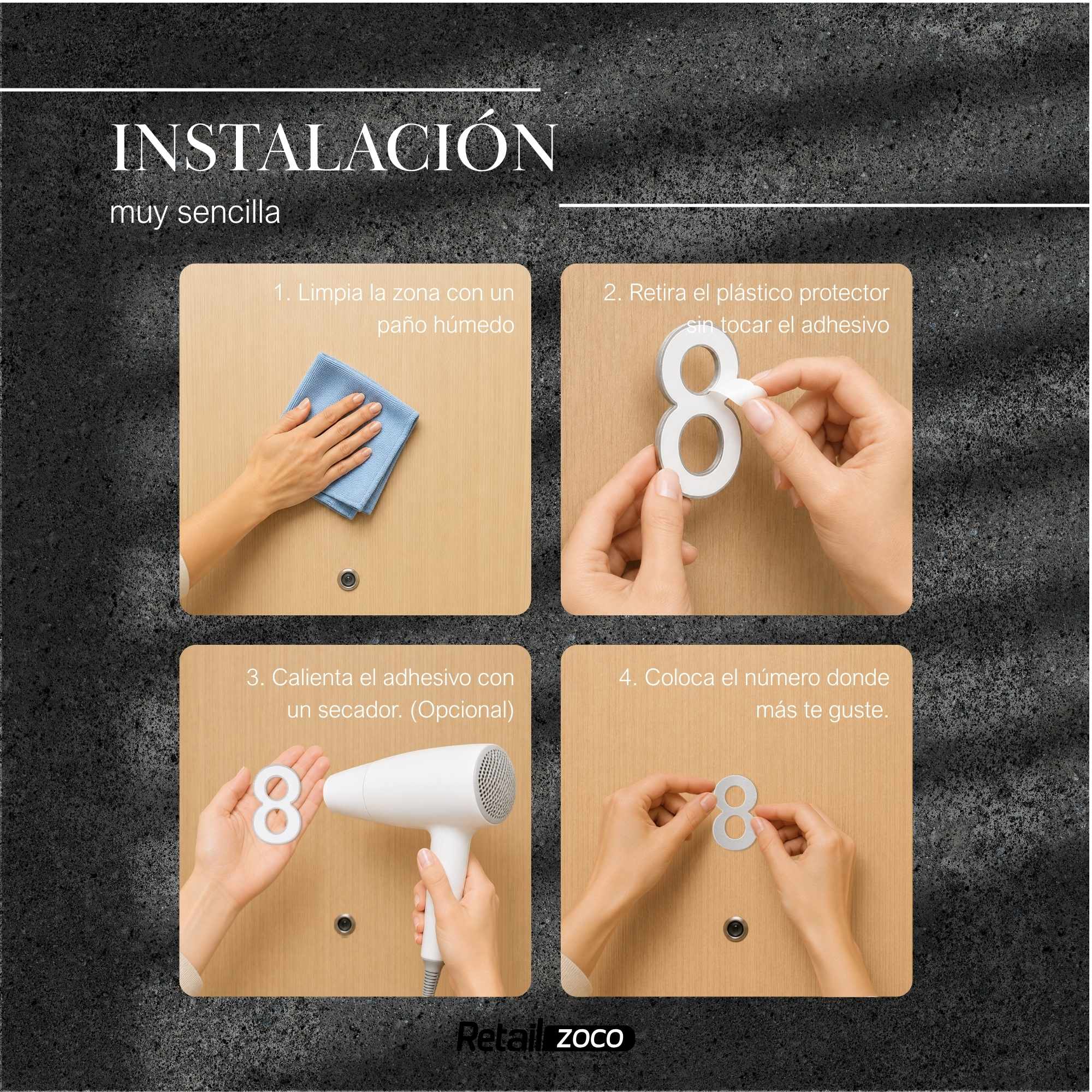 Numero 8 adhesivo en acero inoxidable 7.5 cm plateado - imagen 4
