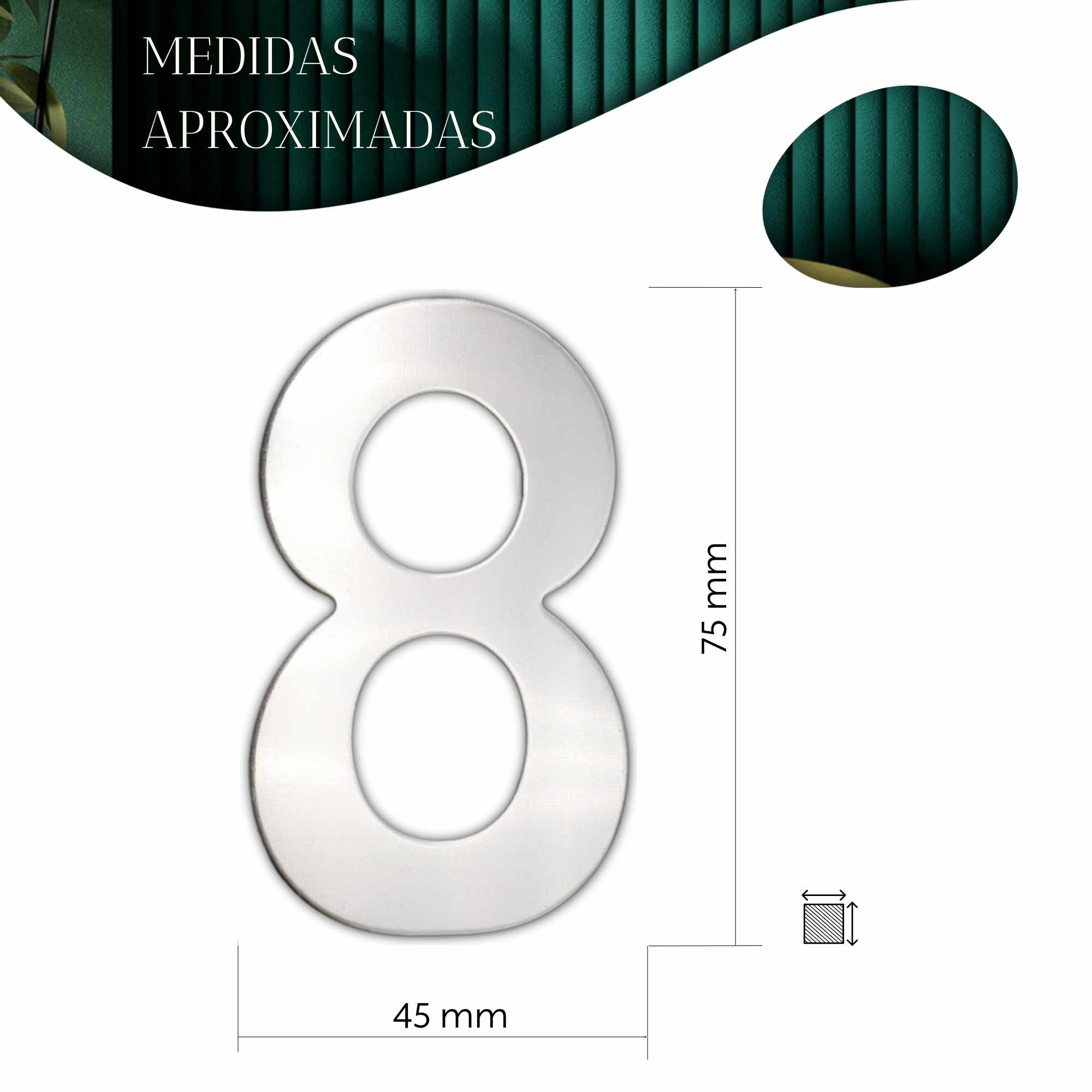 Numero 8 adhesivo en acero inoxidable 7.5 cm plateado - imagen 4
