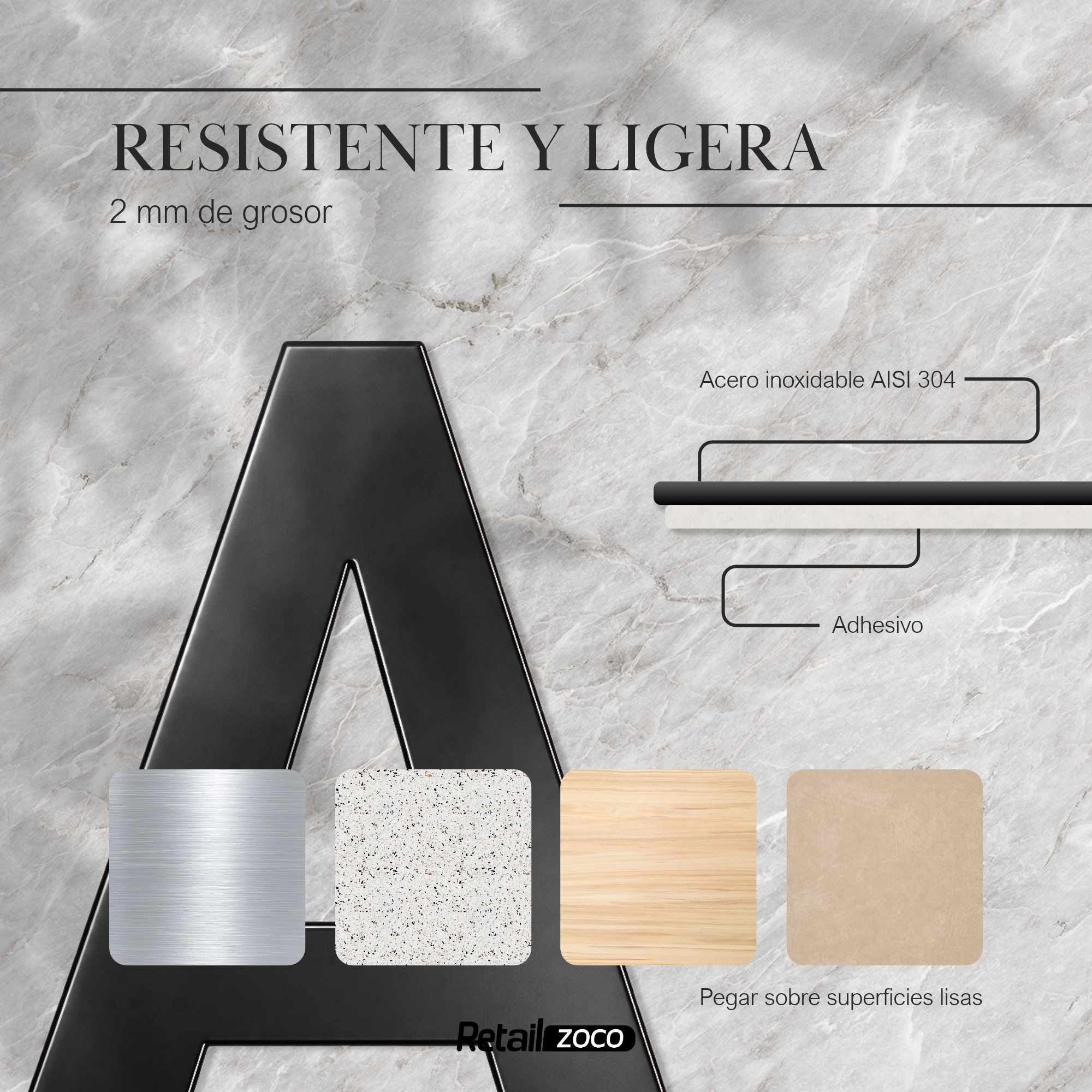 Letra A adhesivo en acero inoxidable 7.5 cm Negro - imagen 2