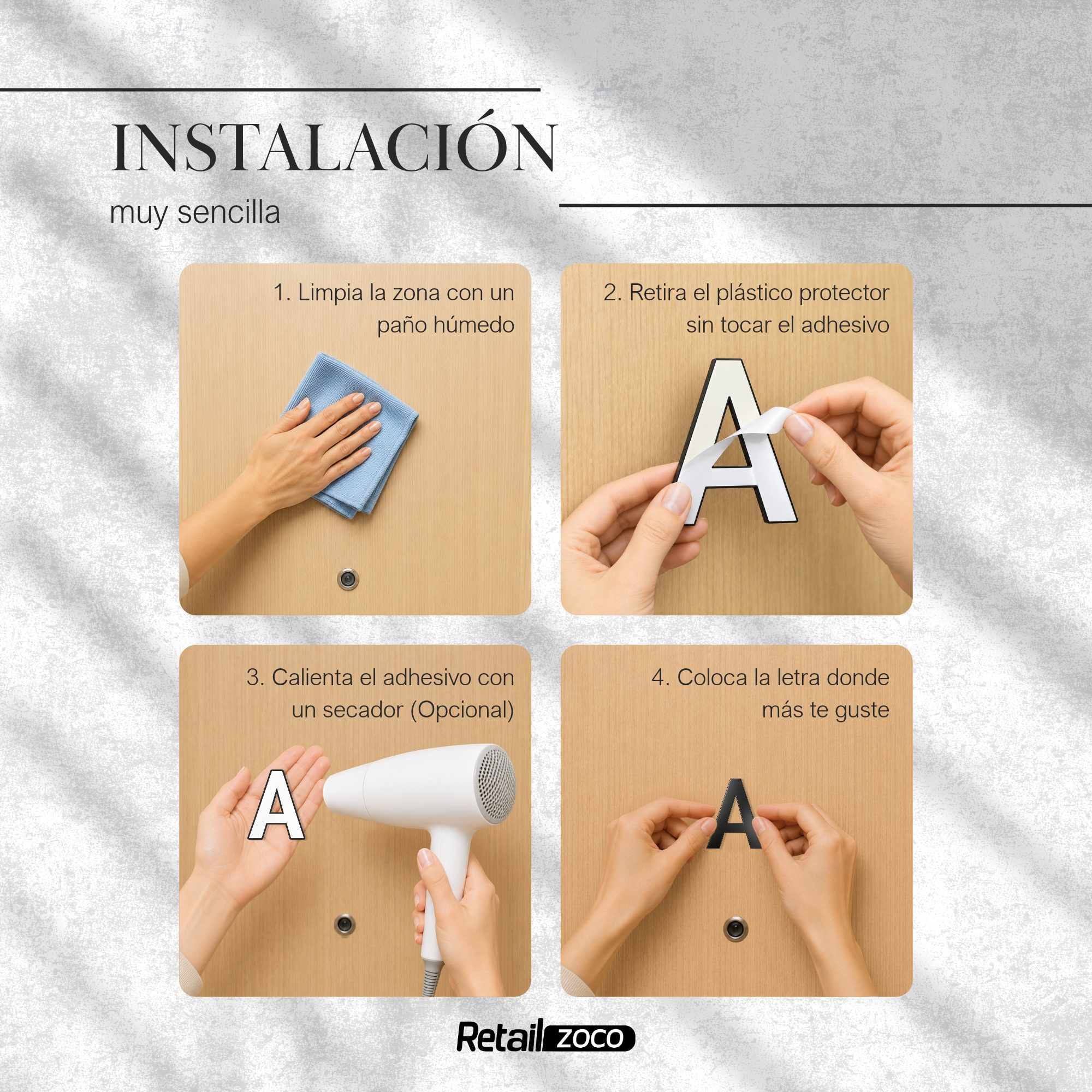 Letra A adhesivo en acero inoxidable 7.5 cm Negro - imagen 4