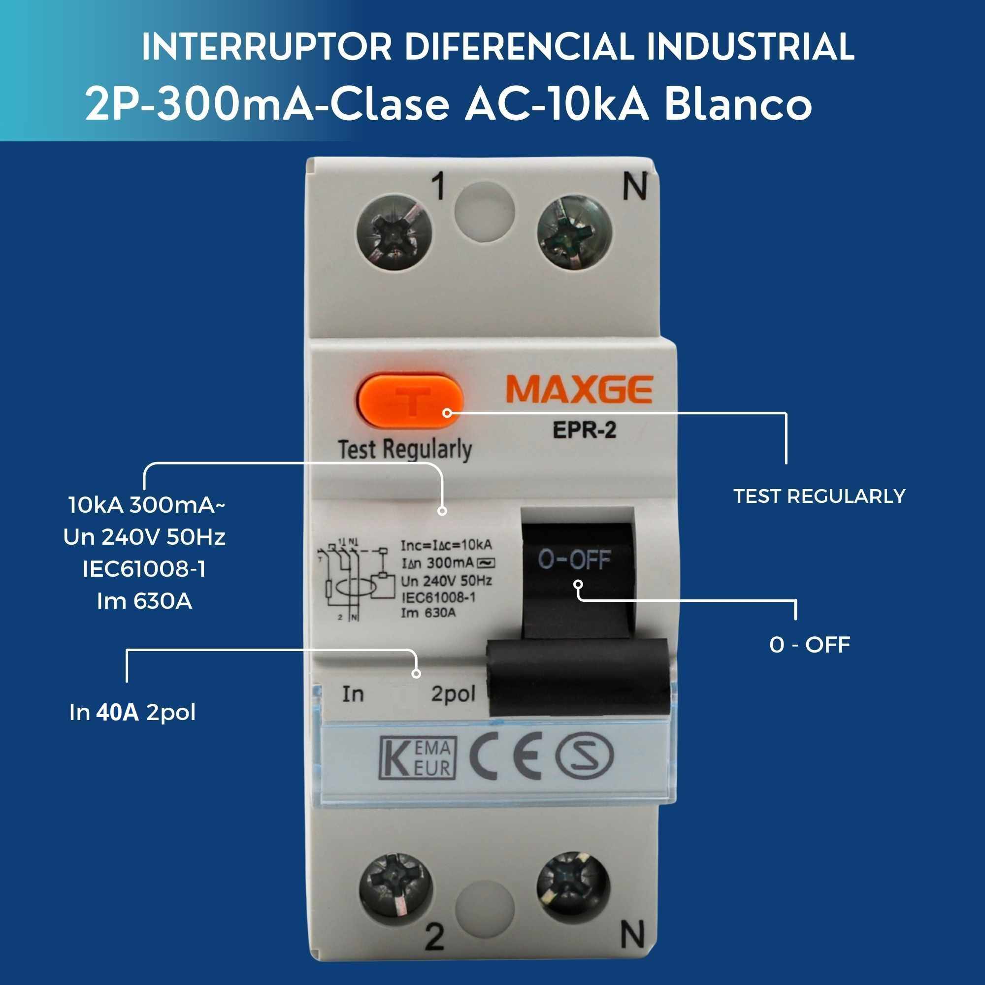 Interruptor diferencial industrial 2P-300mA-Clase AC-10kA 40 A - imagen 5