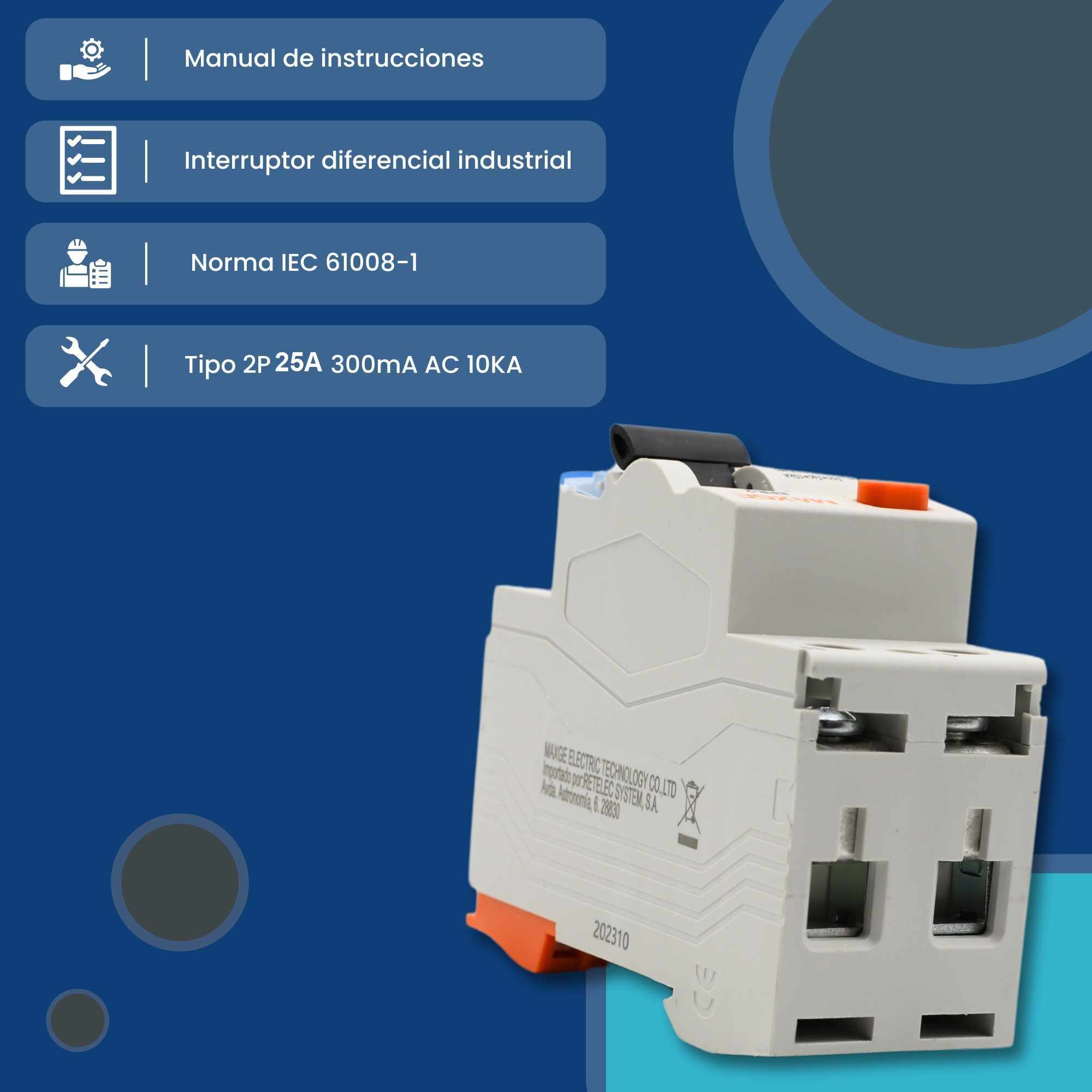 Interruptor diferencial industrial 2P-300mA-Clase AC-10kA 25 A - imagen 3