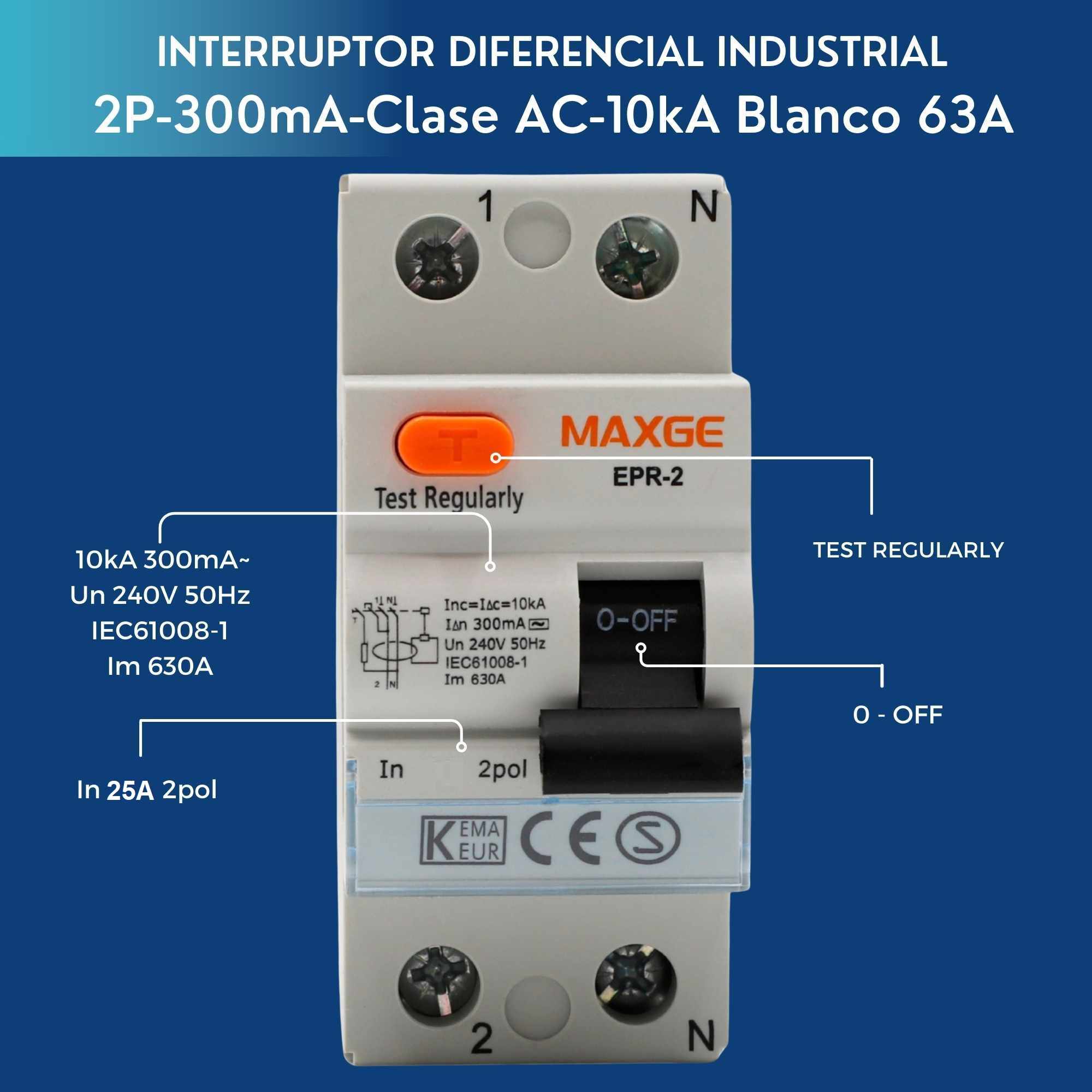 Interruptor diferencial industrial 2P-300mA-Clase AC-10kA 25 A - imagen 6