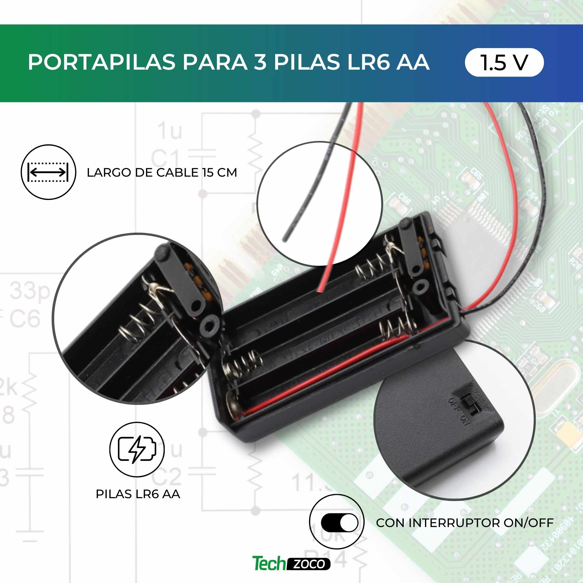 Portapilas para 3 pilas LR6 AA con interruptor Negro - imagen 2