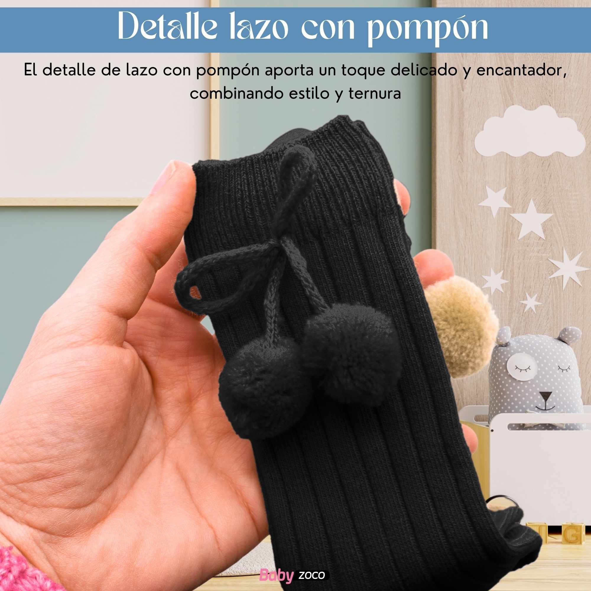 Calcetines Largos de Algodón Con Pompon para bebe 1 a 2 años Negro - imagen 5