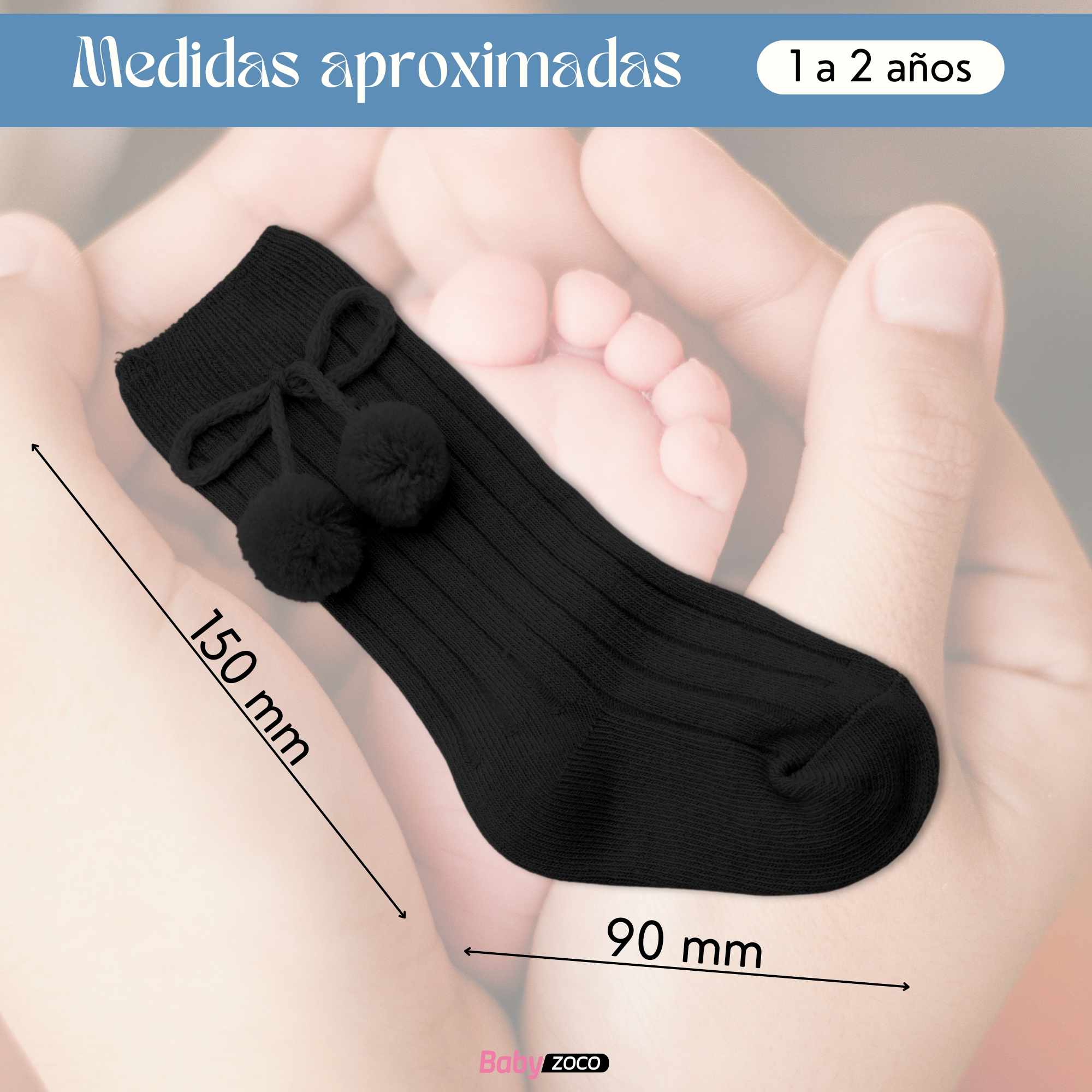 Calcetines Largos de Algodón Con Pompon para bebe 1 a 2 años Negro - imagen 6