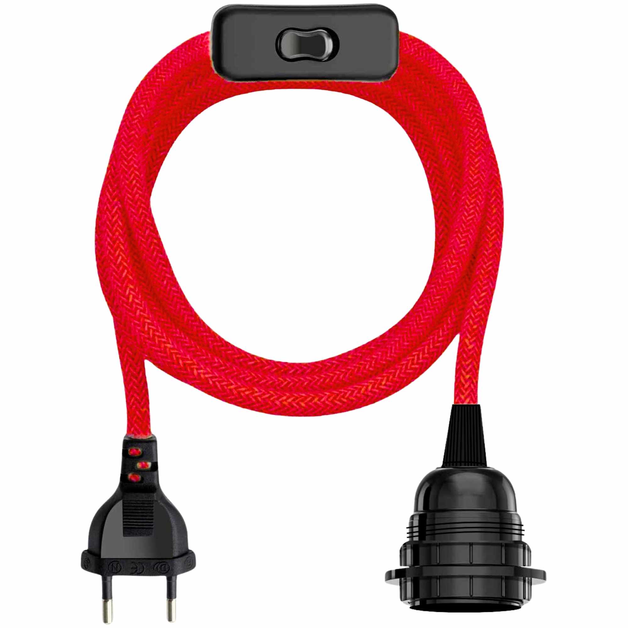 Cable alimentacion trenzado portalampara E27 con interruptor 2 Metros Rojo