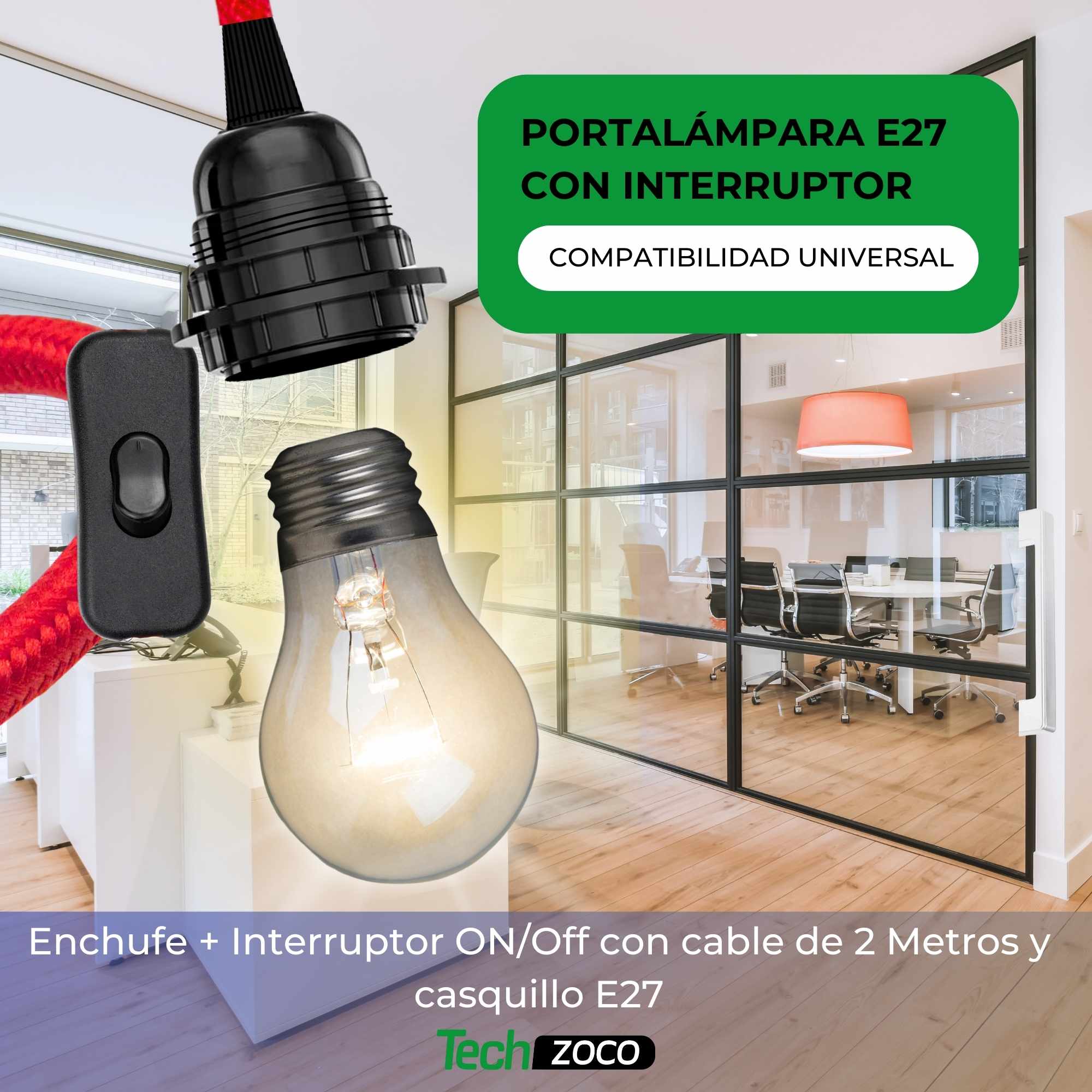 Cable alimentacion trenzado portalampara E27 con interruptor 2 Metros Rojo - imagen 2