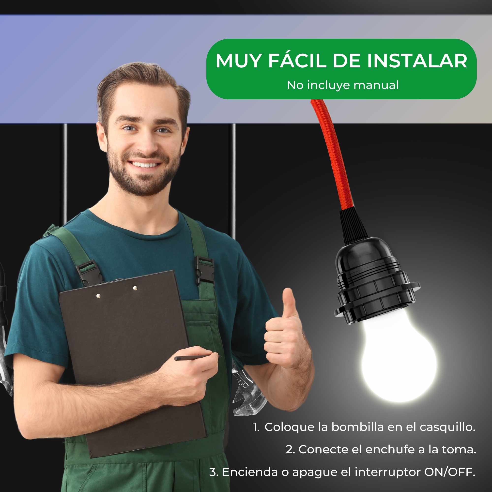 Cable alimentacion trenzado portalampara E27 con interruptor 2 Metros Rojo - imagen 4
