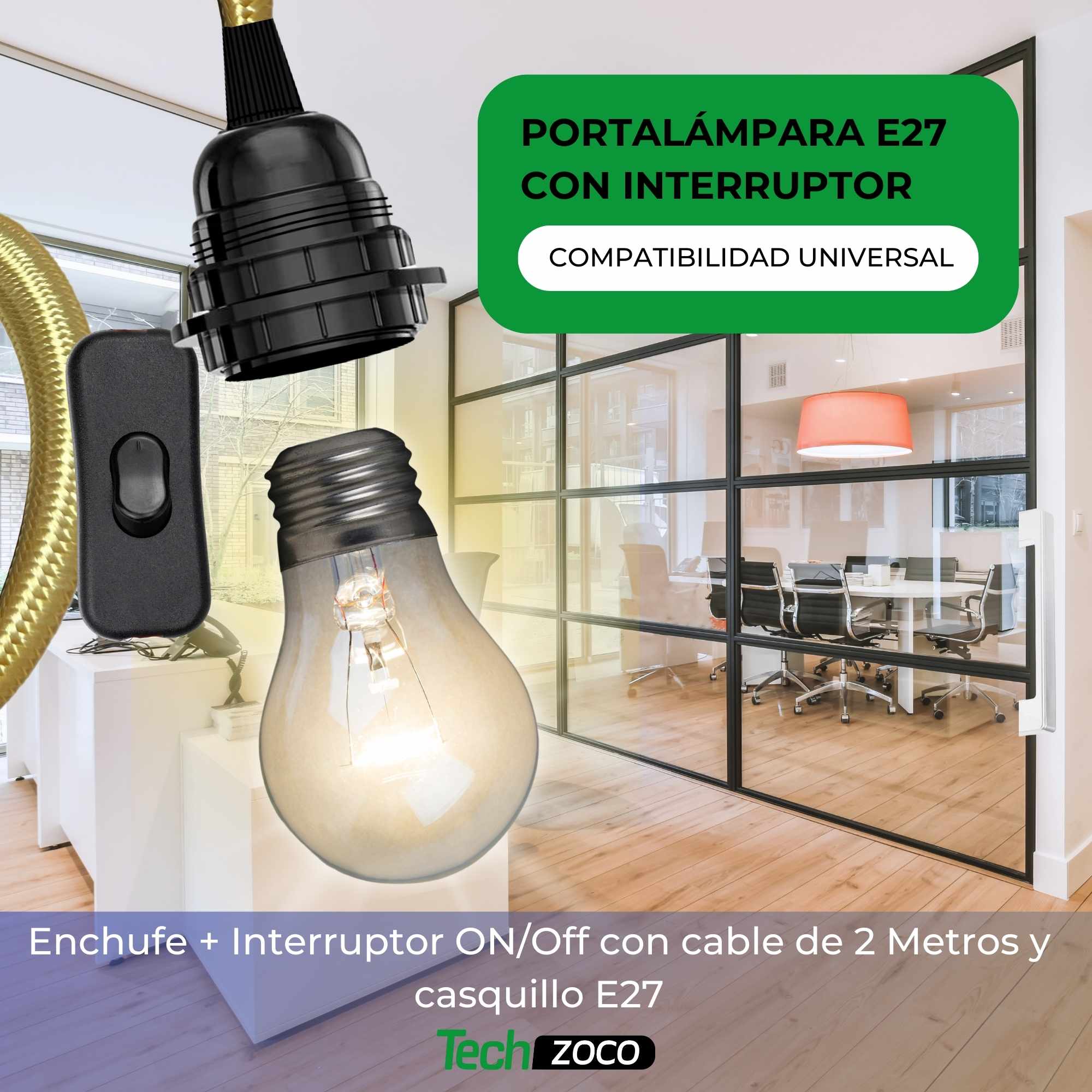 Cable alimentacion trenzado portalampara E27 con interruptor 2 Metros Amarillo - imagen 2