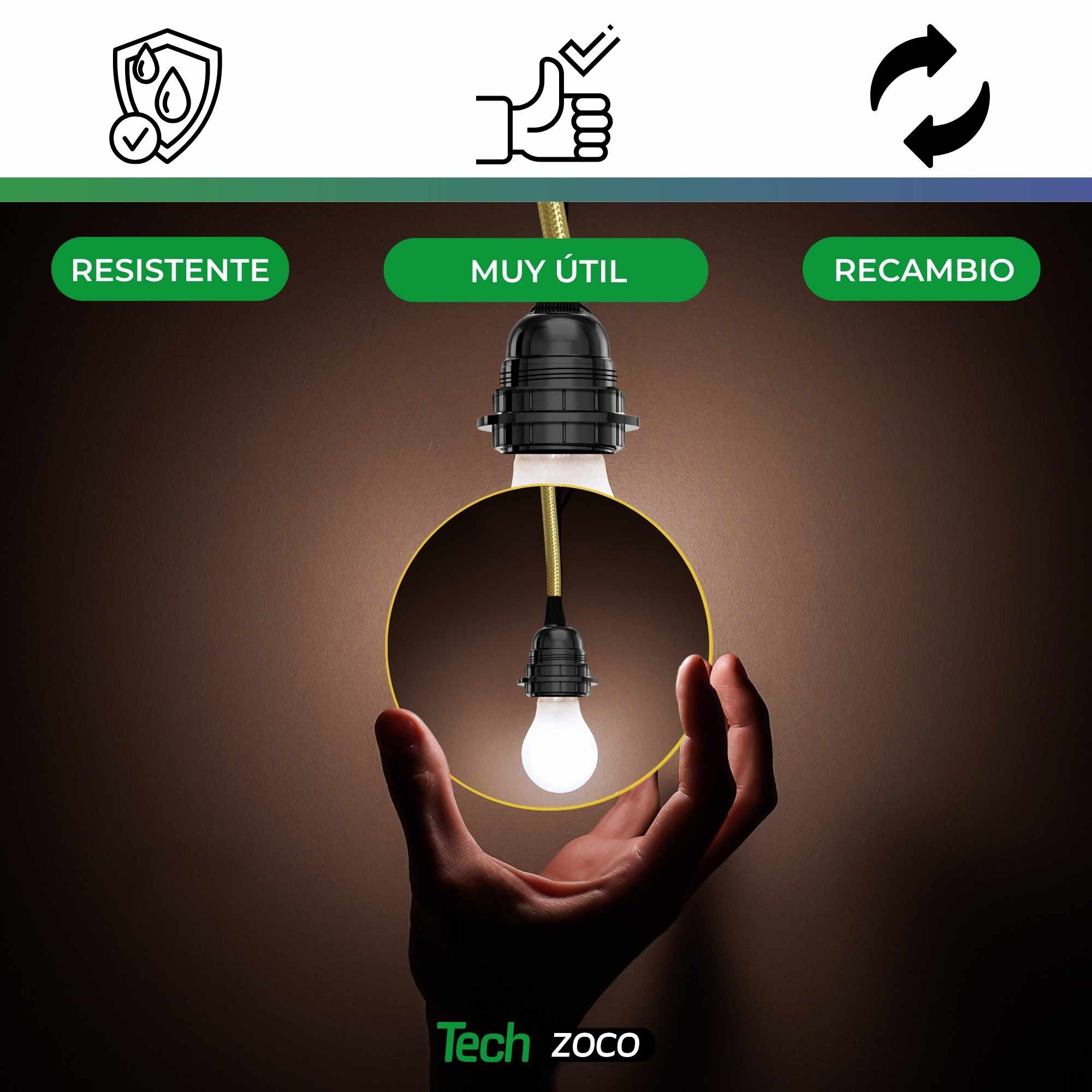 Cable alimentacion trenzado portalampara E27 con interruptor 2 Metros Amarillo - imagen 3