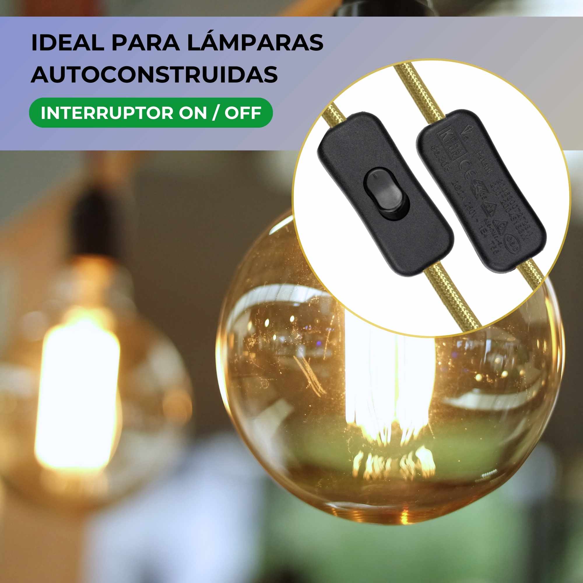 Cable alimentacion trenzado portalampara E27 con interruptor 2 Metros Amarillo - imagen 5