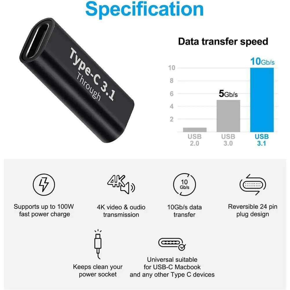 Adaptador empalme USB C 3.1 hembra Metalico Negro - imagen 6
