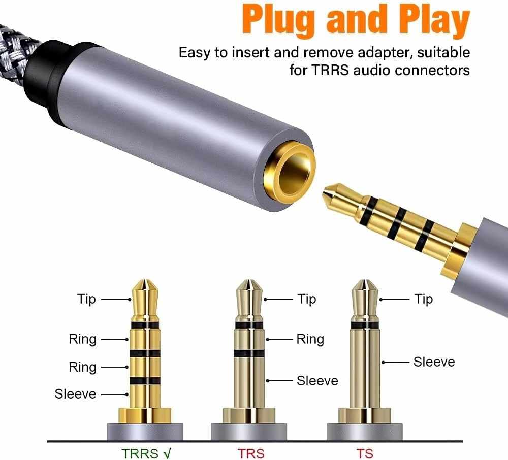 Cable alargador audio textil 4 pin jack 3.5 mm 1 Metro Plateado - imagen 4