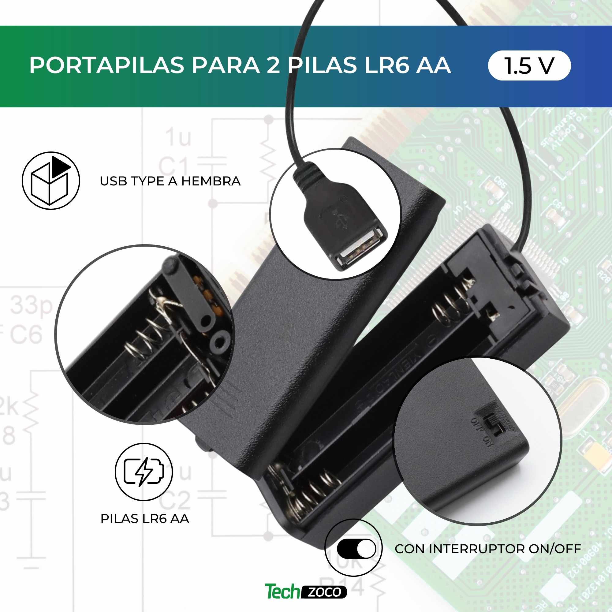 Portapilas USB para 2 pilas LR6 AA con interruptor - imagen 2