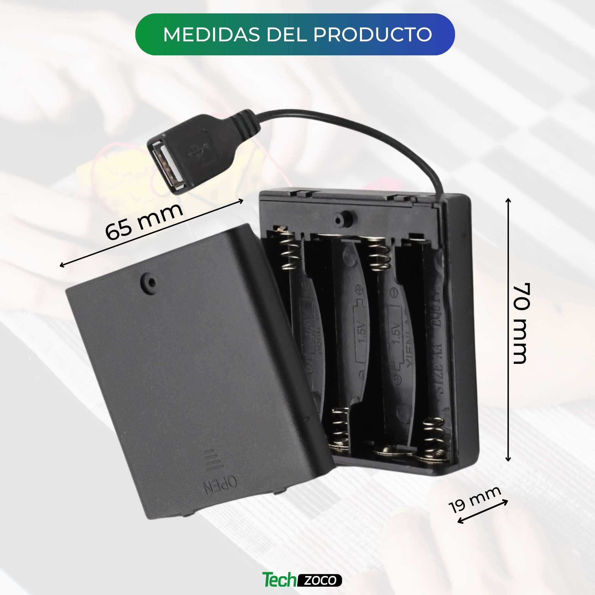 Portapilas USB para 4 pilas LR6 AA con interruptor - imagen 4