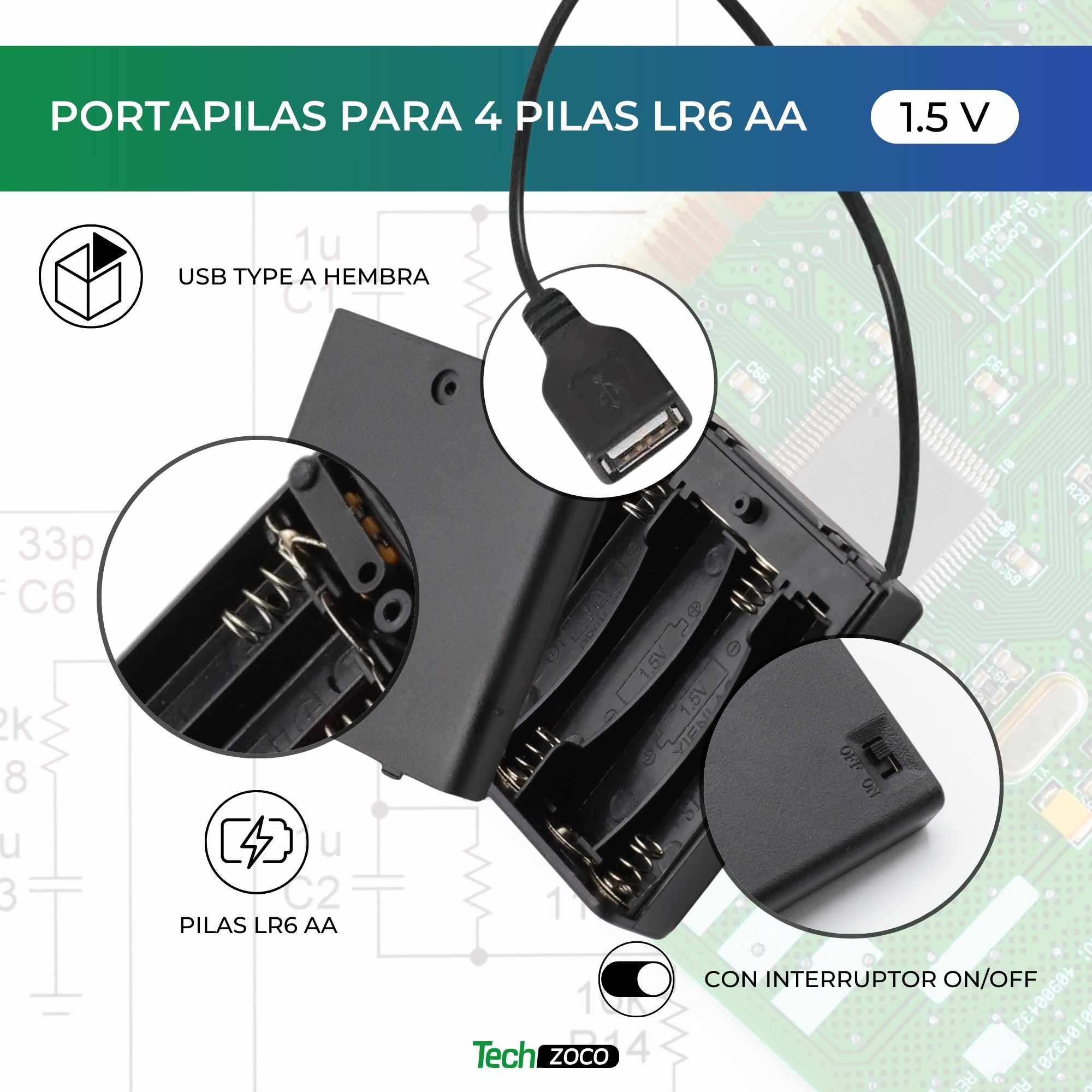 Portapilas USB para 4 pilas LR6 AA con interruptor - imagen 2