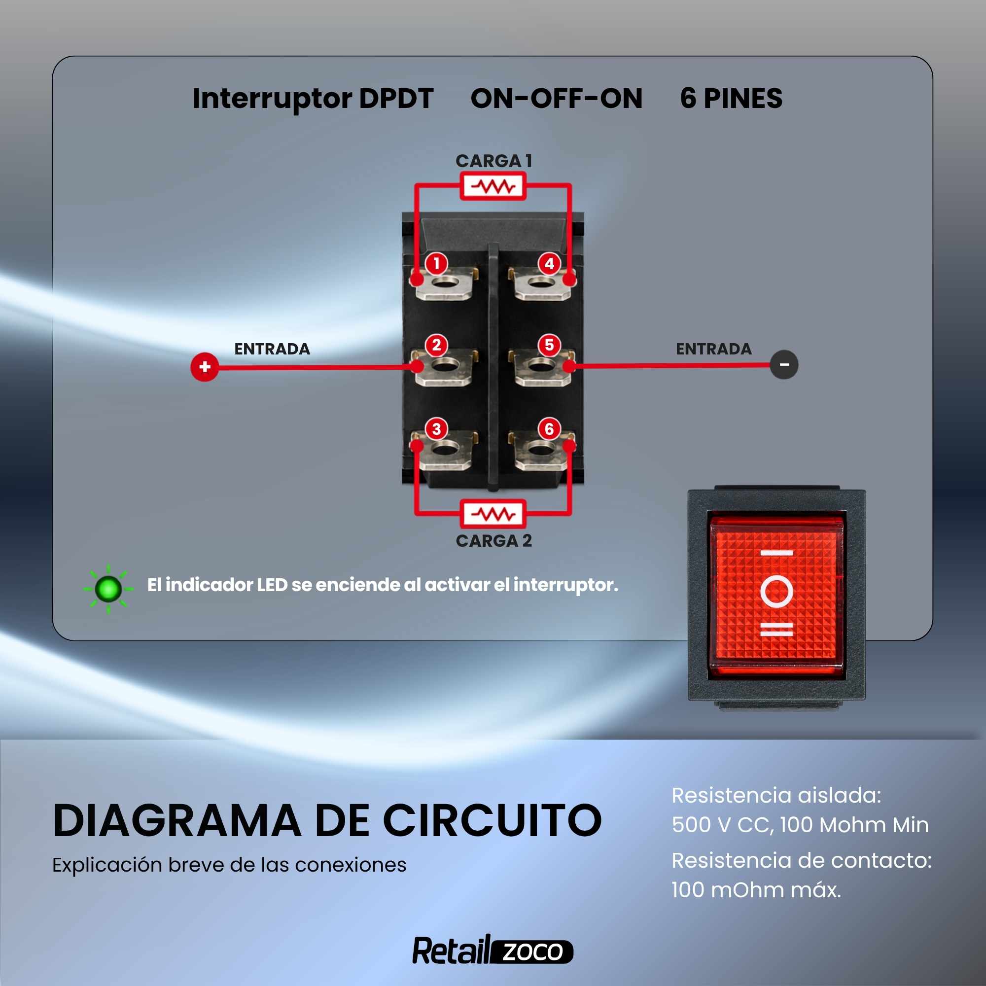 Interruptor basculante de 6 vias ON/OFF/ON Rojo 16 A - imagen 3