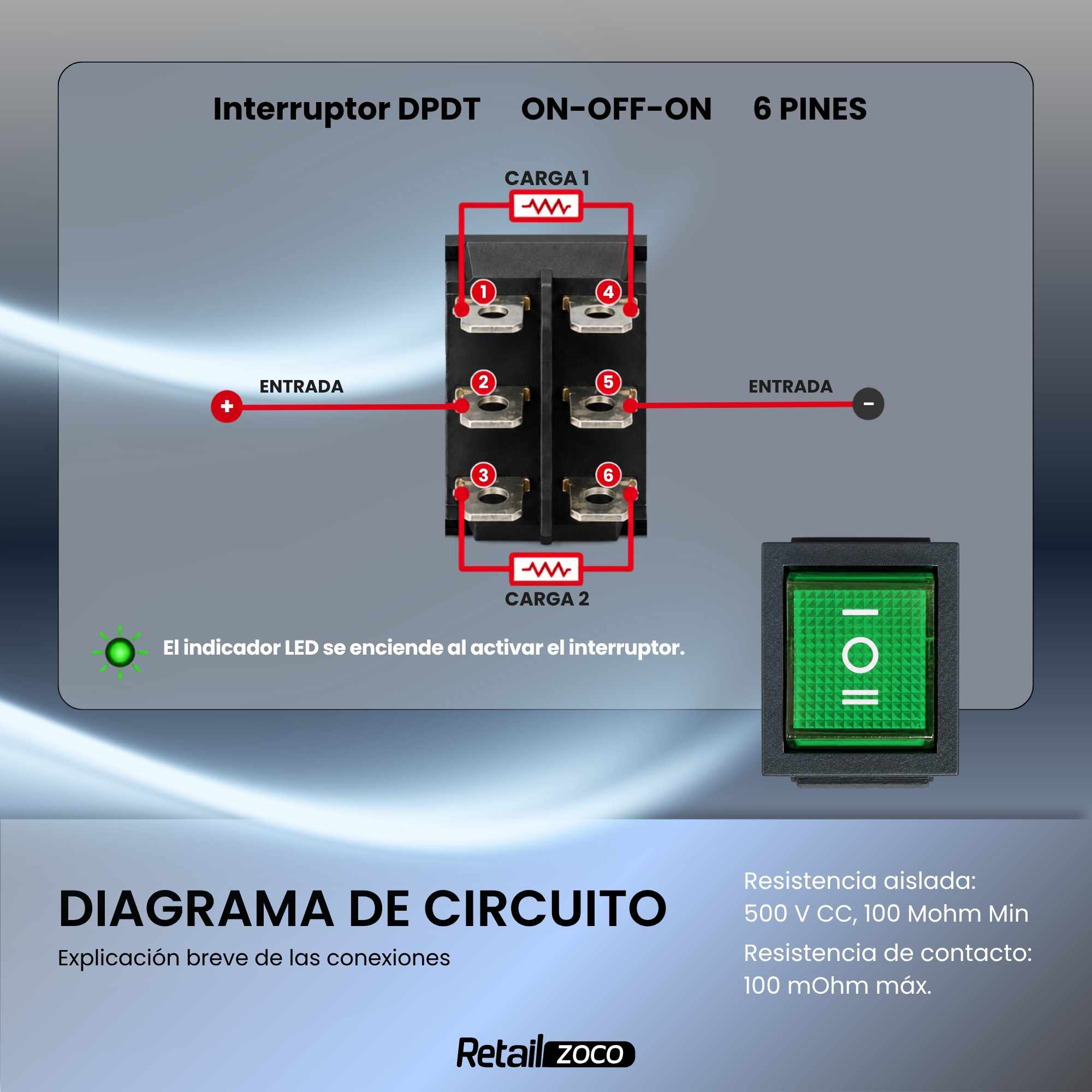Interruptor basculante de 6 vias ON/OFF/ON verde 16 A - imagen 2