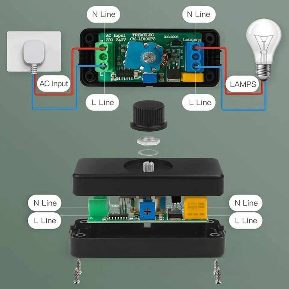 Potenciometro regulador de luz 3-100W Negro AC 220-240V - imagen 2