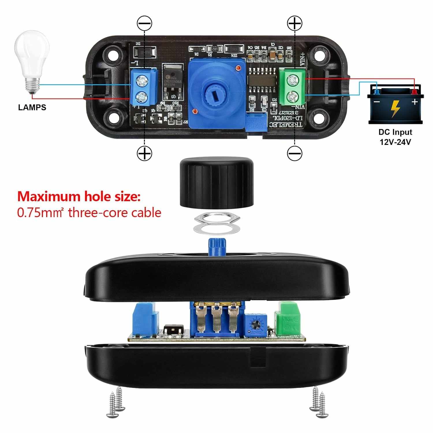 Potenciometro regulador de luz Negro DC 12V-24V - imagen 4
