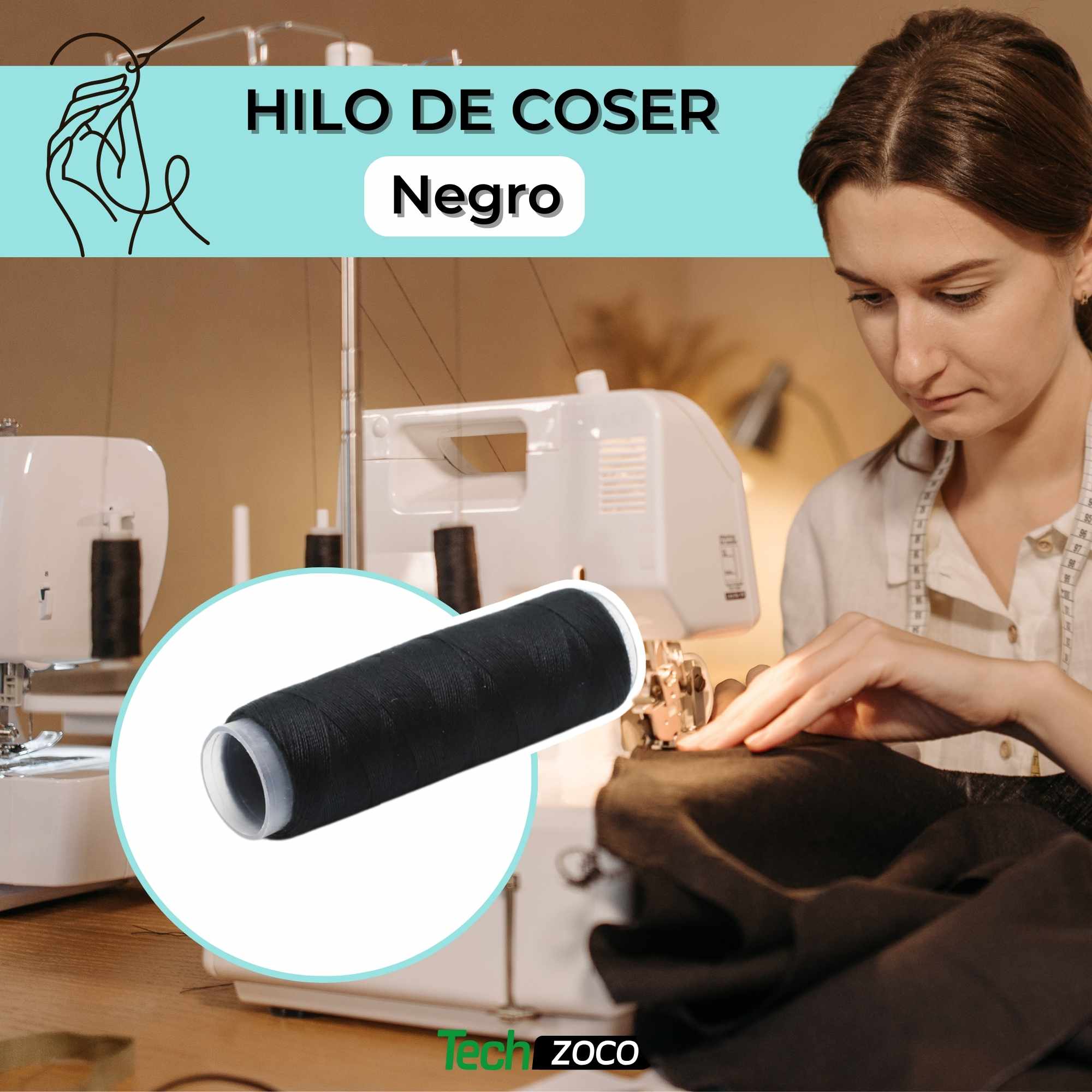 Hilo de coser negro de poliester 6 bobinas 80 metros - imagen 2