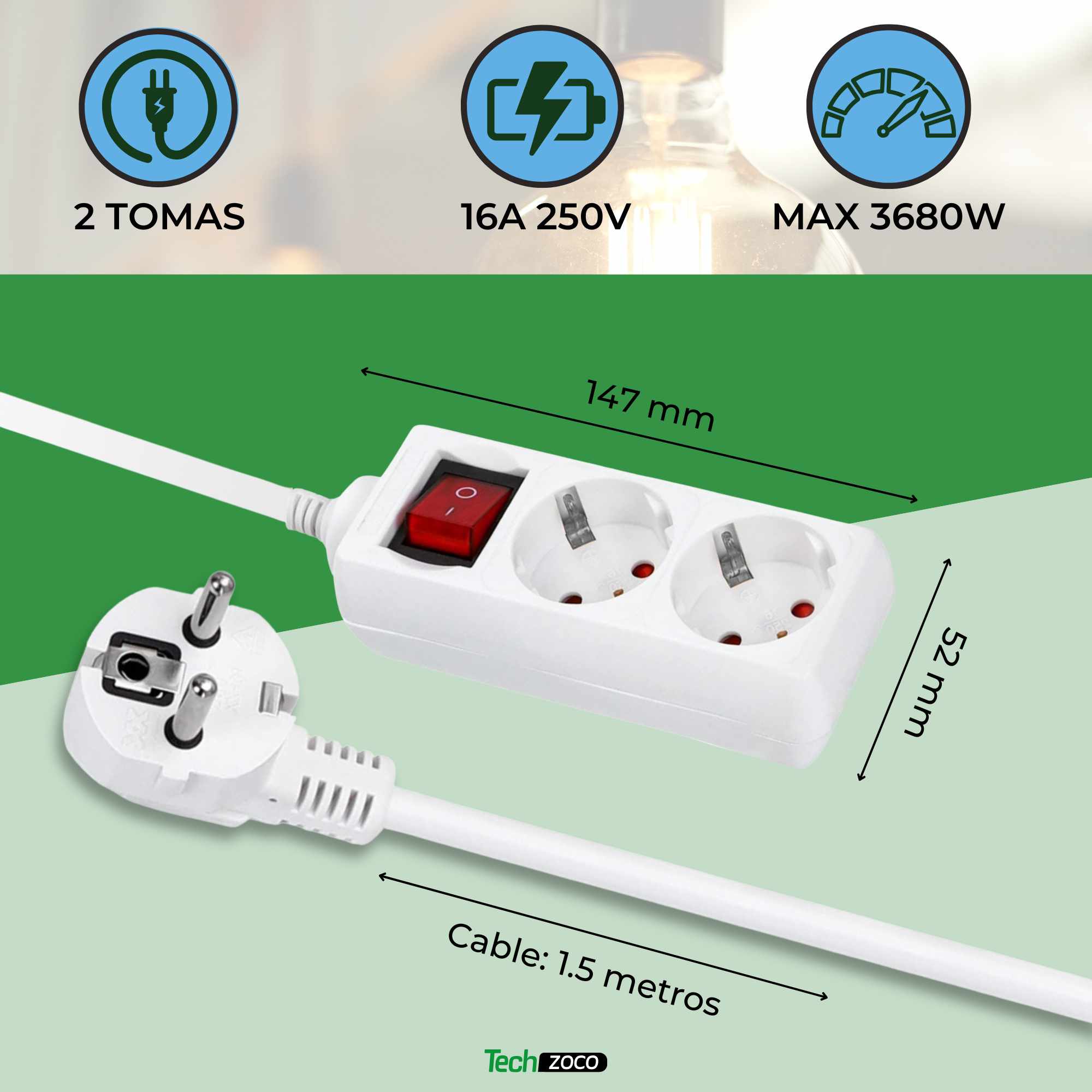 Regleta alargador de 2 enchufes con interruptor 1.50 metros - imagen 2