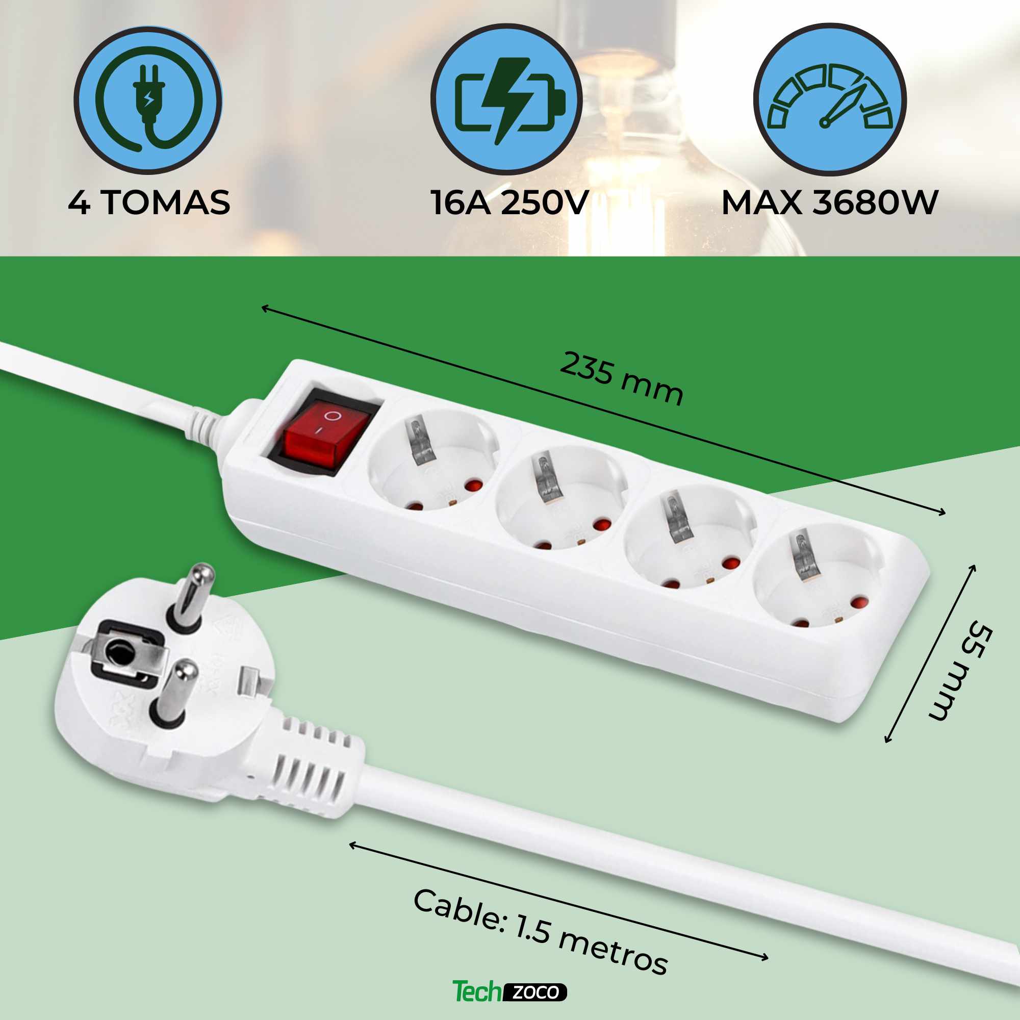 Regleta alargador de 4 enchufes con interruptor 1.50 metros - imagen 2