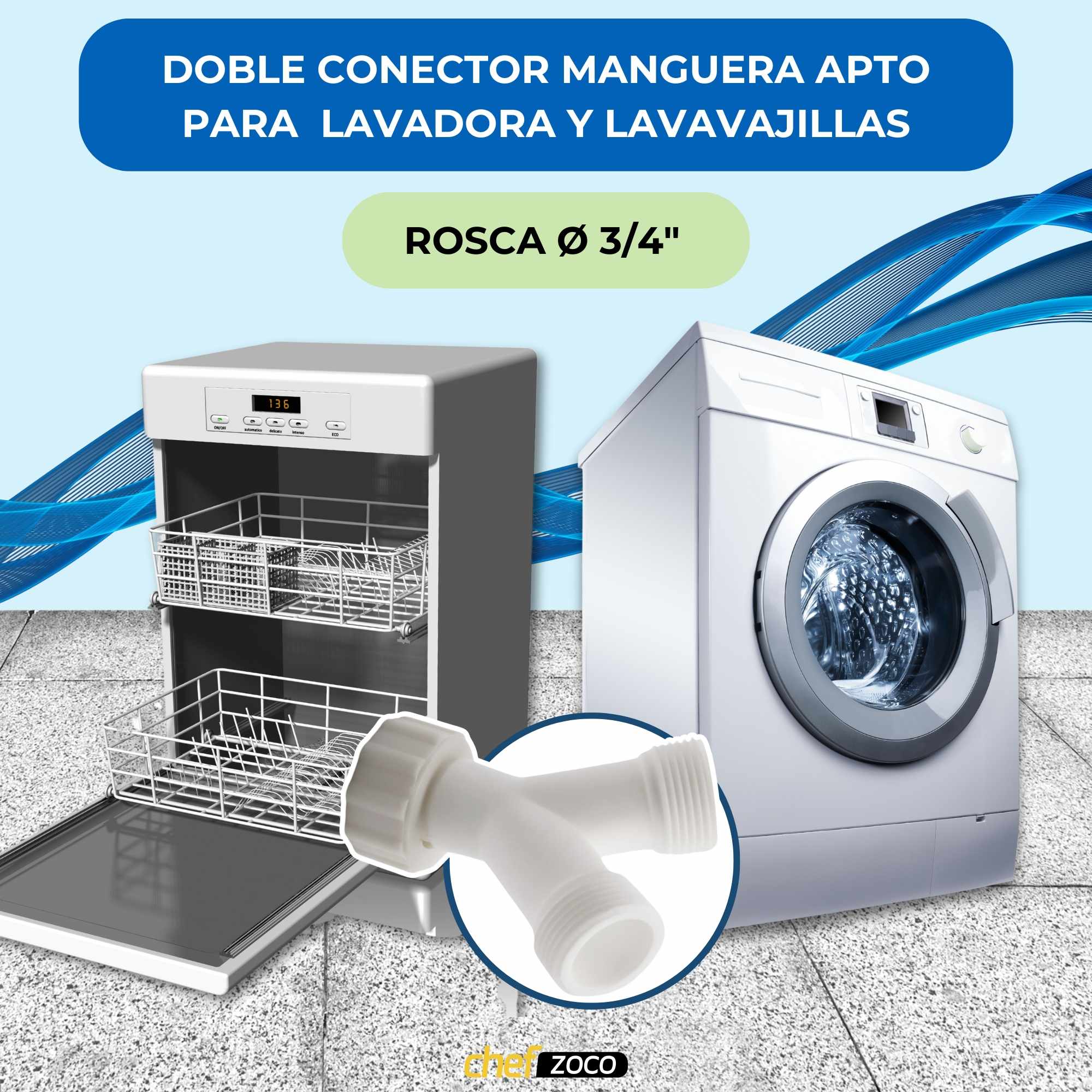 Doble Adaptador en Y desague para lavavajilla o lavadora rosca 3/4 - imagen 2