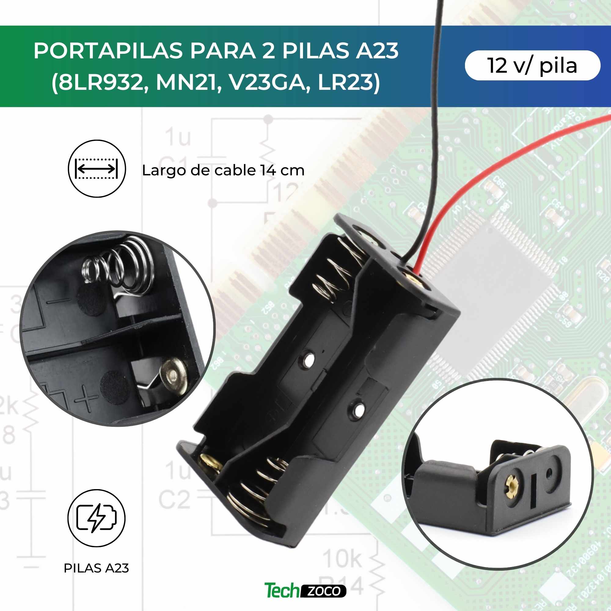 Portapilas para 2 Pilas A23 8LR932 MN21 V23GA LR23 de 24V Negro - imagen 2