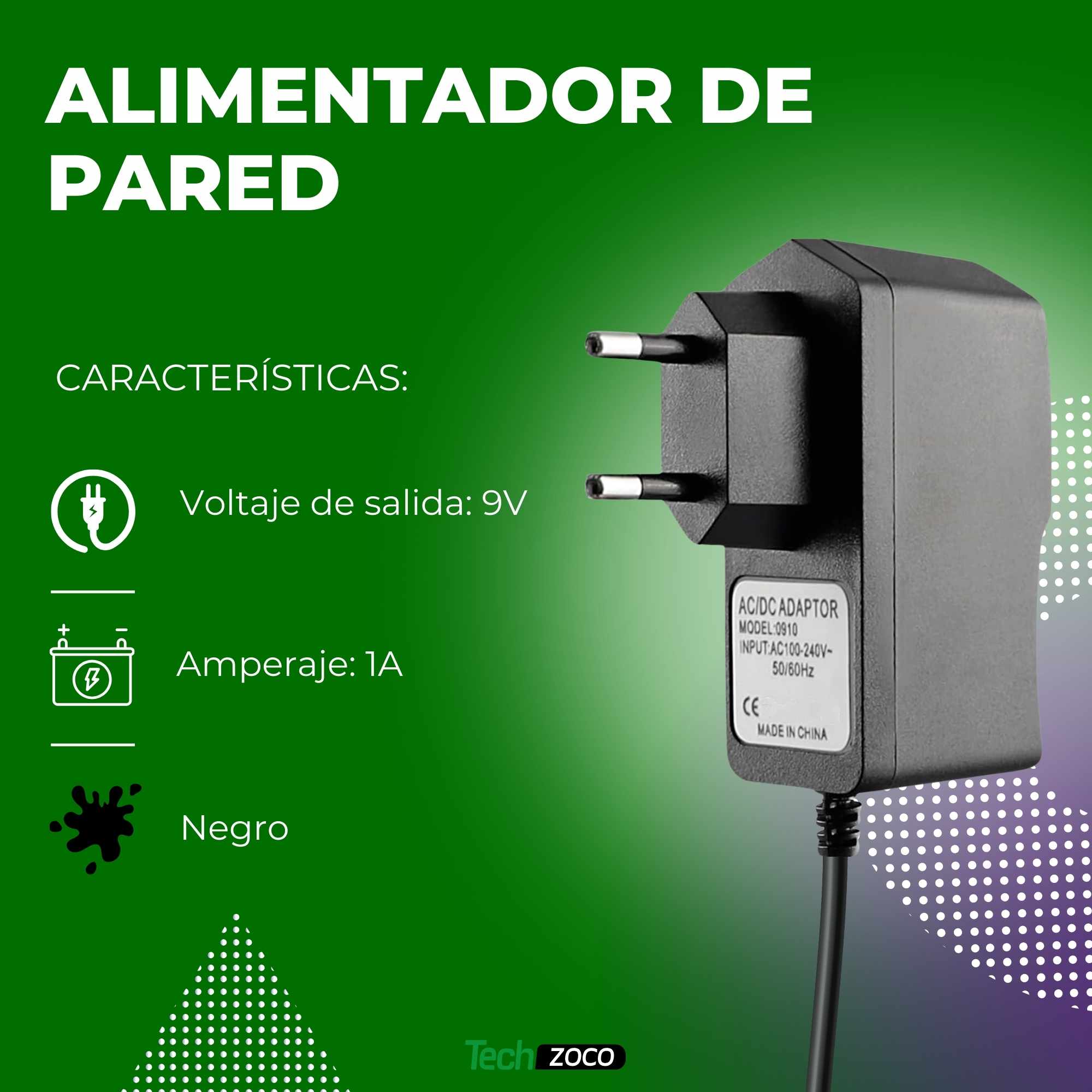 Alimentador 9V 1A Negro DC 5.5x2.5 mm - imagen 2