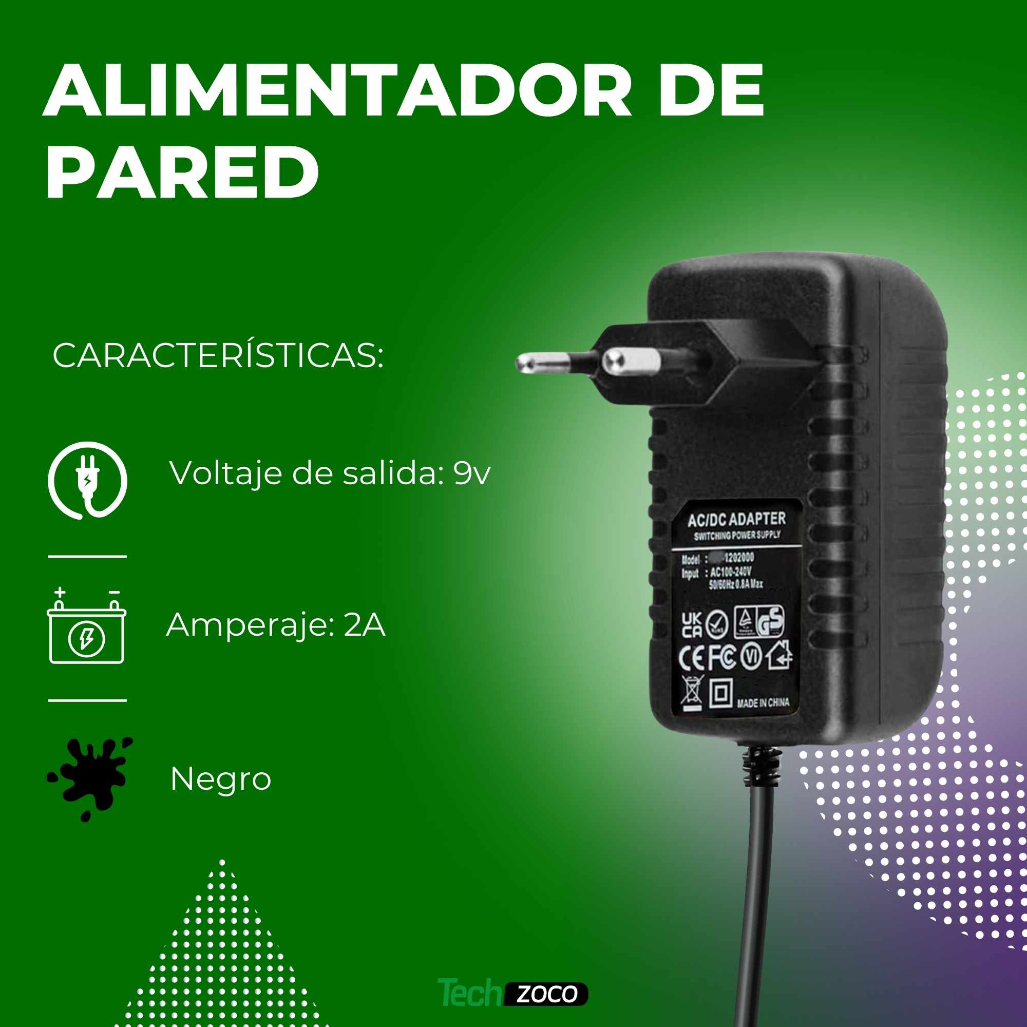 Alimentador 9V 2A Negro DC 5.5x2.5 mm - imagen 2