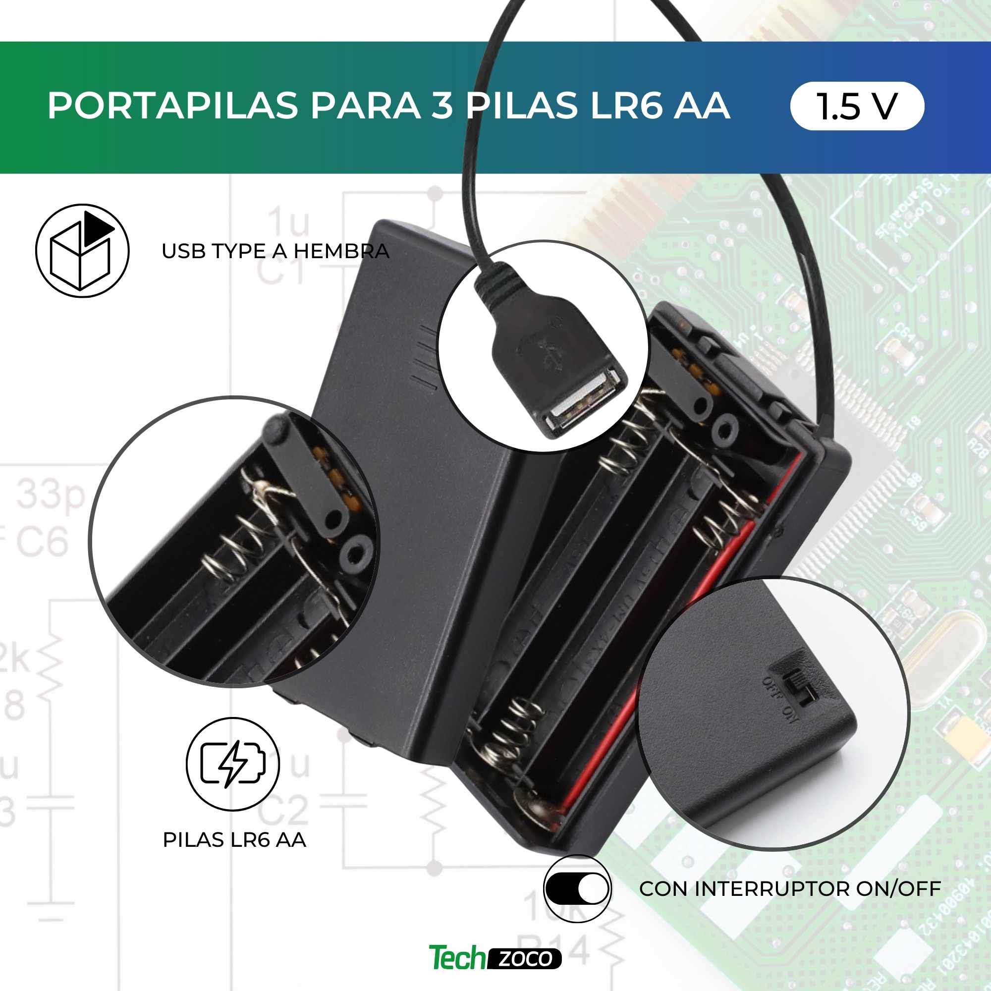 Portapilas USB para 3 pilas LR6 AA con interruptor - imagen 2