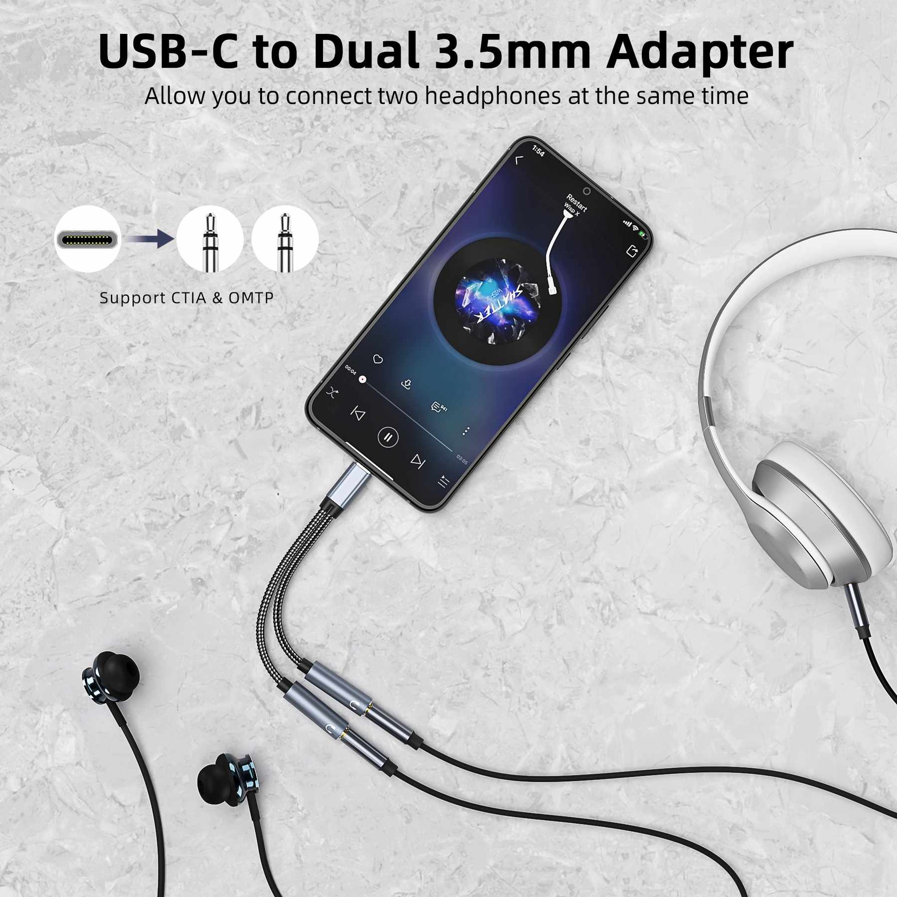 Cable USB-C a doble Jack 3.5mm Audio Auriculares - imagen 2