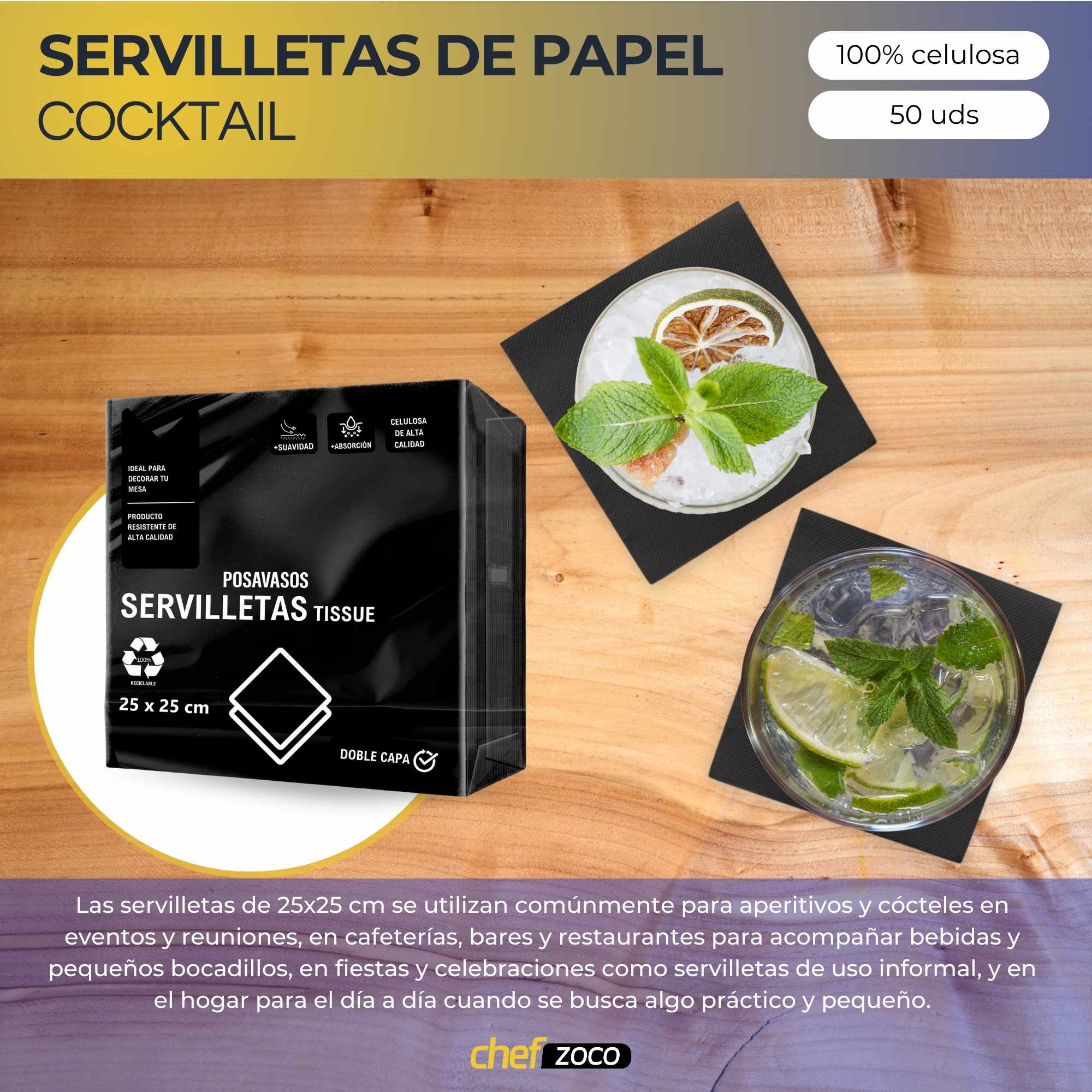 Servilletas De Papel 25x25 cm Negro pack 50 uds - imagen 2