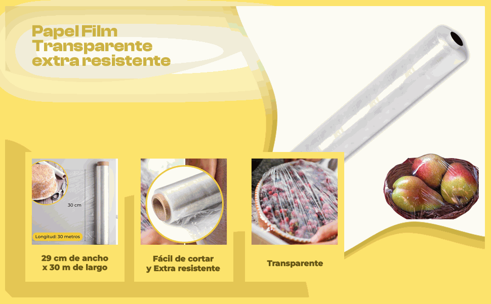 Banner - Papel Film Transparente extra resistente, papel transparente para conservar alimentos, Rollo de papel de cocina, fácil de cortar, extra resistente, 29 cm de ancho x 30 m de largo, 1 unidad