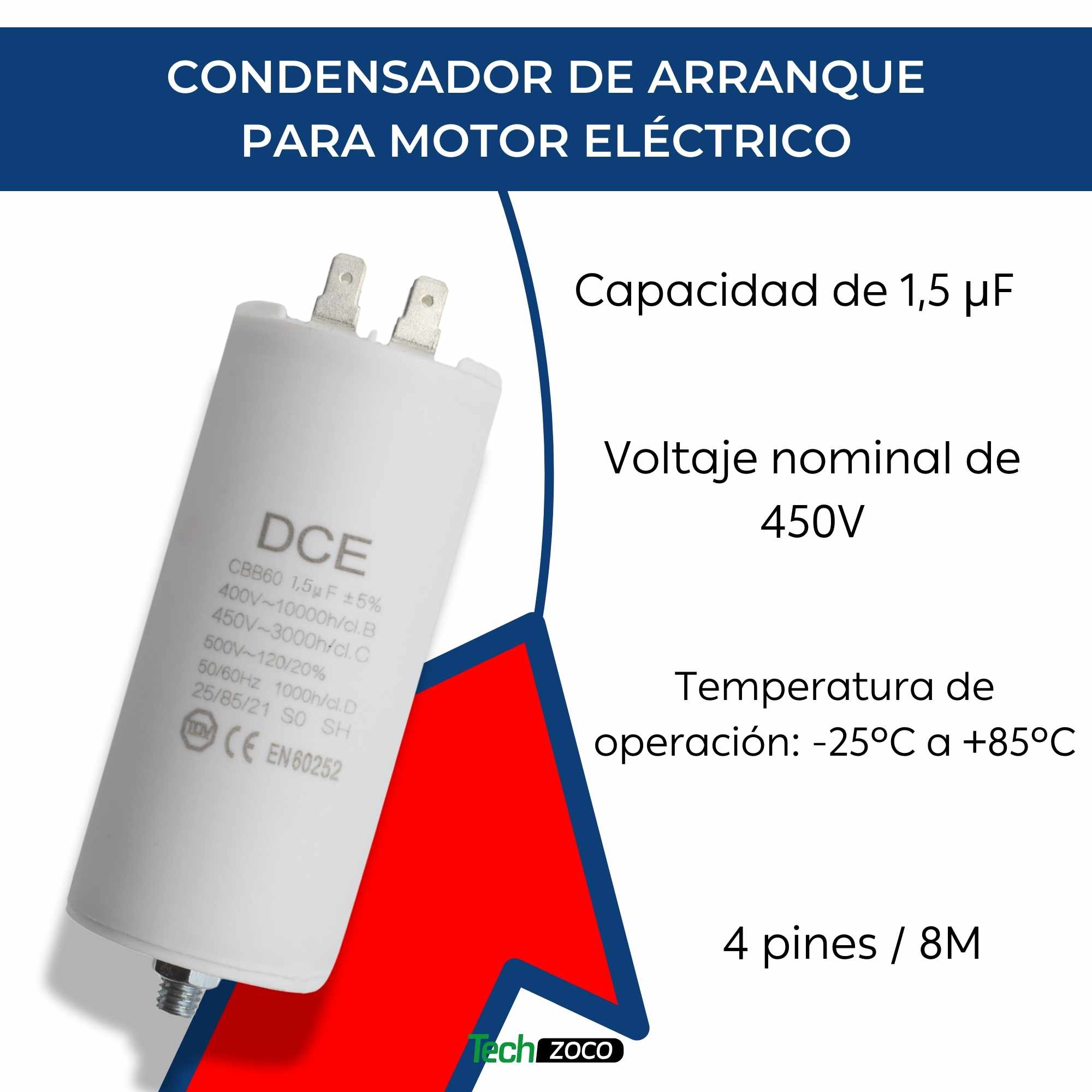 Condensador de arranque para motor electrico 450 VAC 1.5 uF - imagen 2
