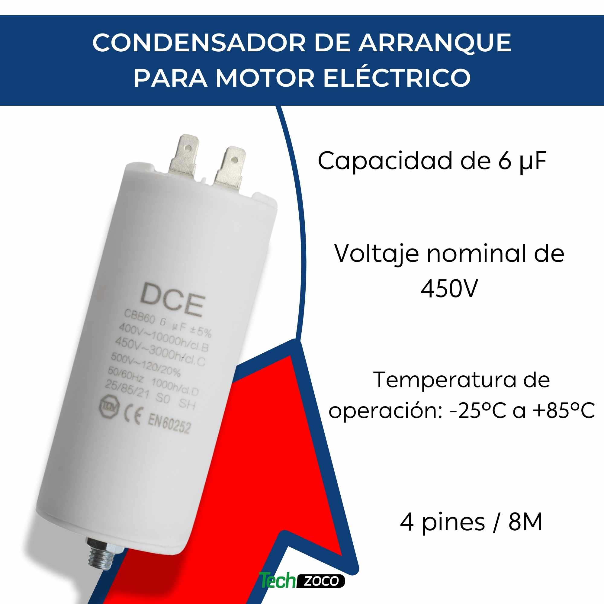 Condensador de arranque para motor electrico 450 VAC 6.0 uF - imagen 2