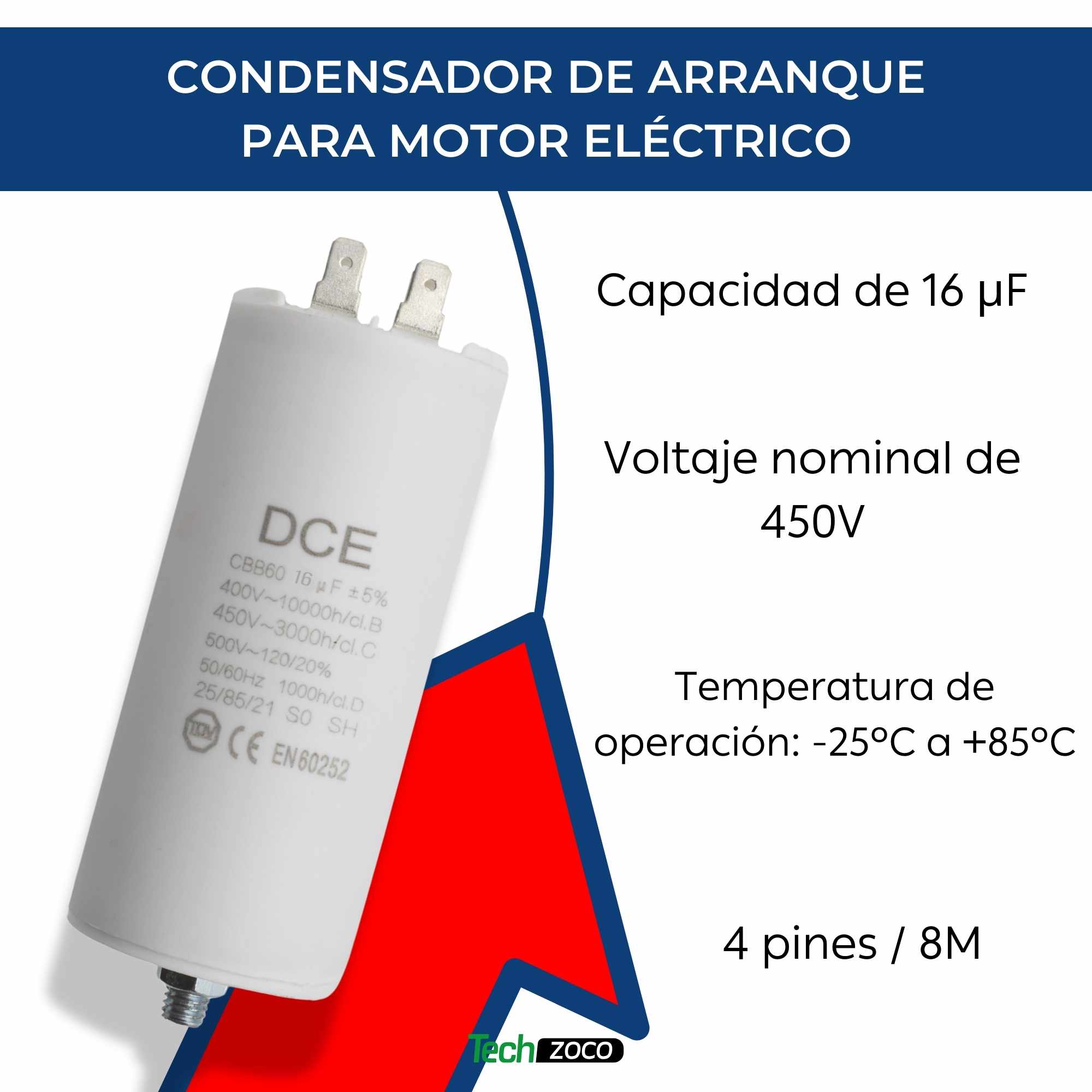 Condensador de arranque para motor electrico 450 VAC 16.0 uF - imagen 2