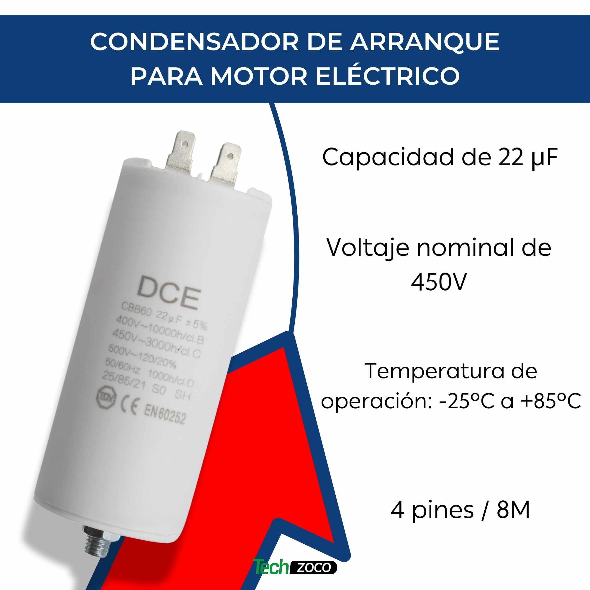 Condensador de arranque para motor electrico 450 VAC 22.0 uF - imagen 2