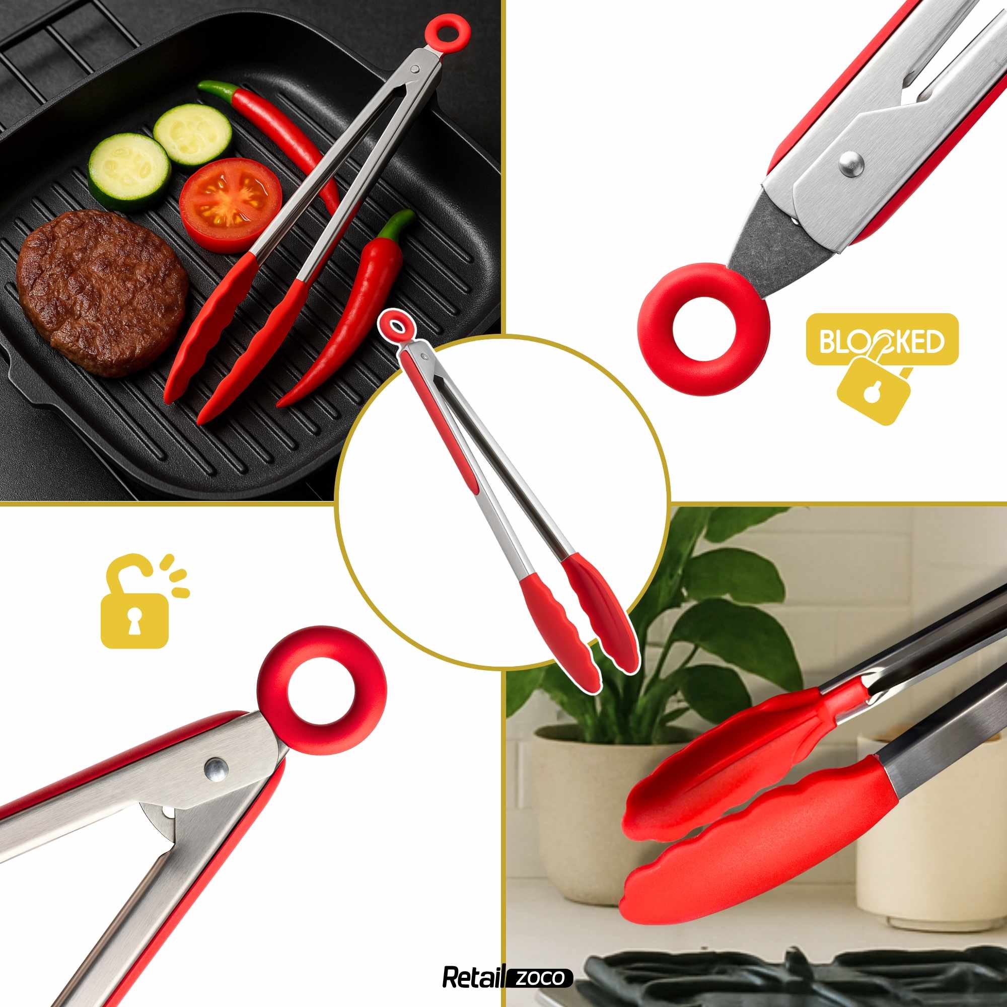 Pinza de cocina en acero inoxidable y silicona rojo 34 cm - imagen 6