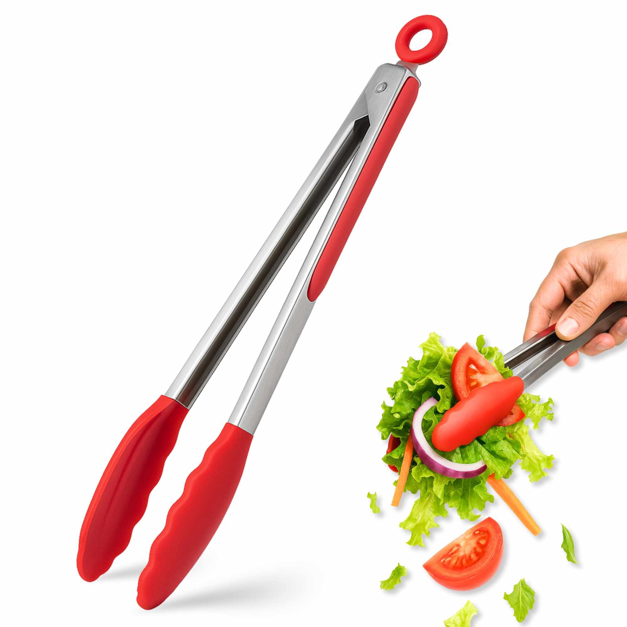 Pinza de cocina en acero inoxidable y silicona rojo 34 cm