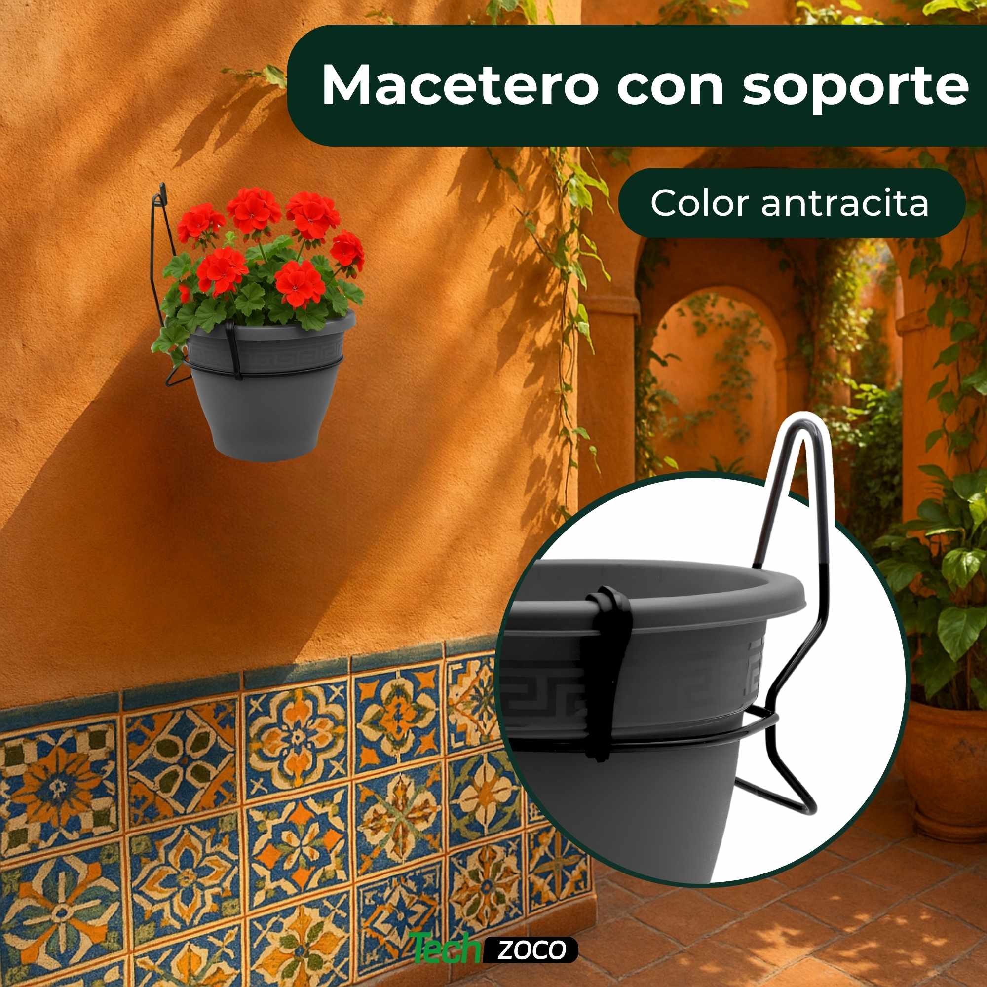 Maceta 18 Cm  Antracita Con Soporte de Pared - imagen 2